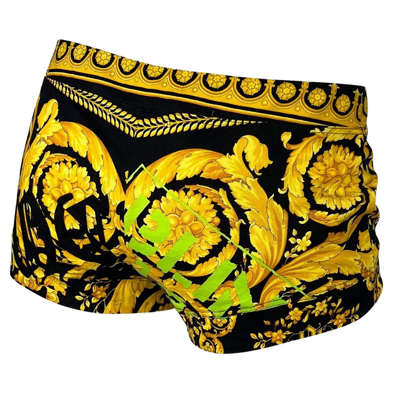 NWT S/S 2005 Versace by Donatella Chaos Couture Baroque Print Gold Mini Shorts - RealList