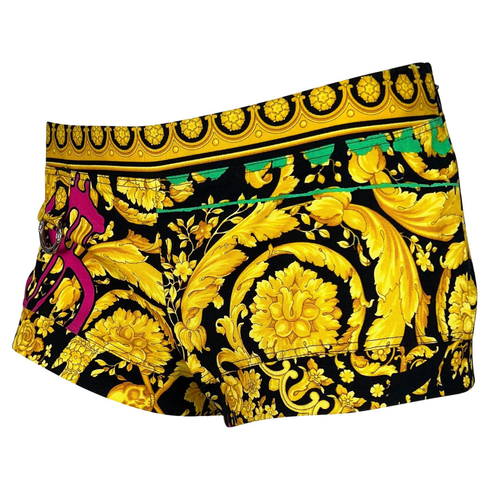 NWT S/S 2005 Versace by Donatella Chaos Couture Baroque Print Gold Mini Shorts - RealList