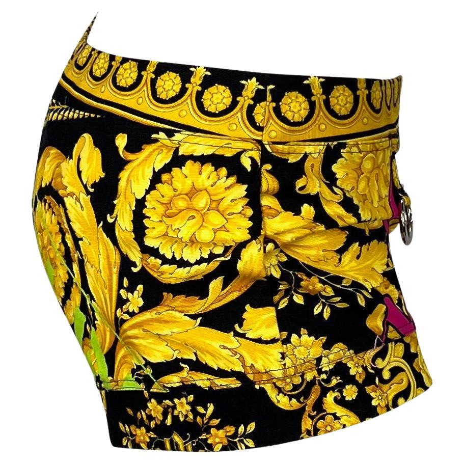 NWT S/S 2005 Versace by Donatella Chaos Couture Baroque Print Gold Mini Shorts - RealList