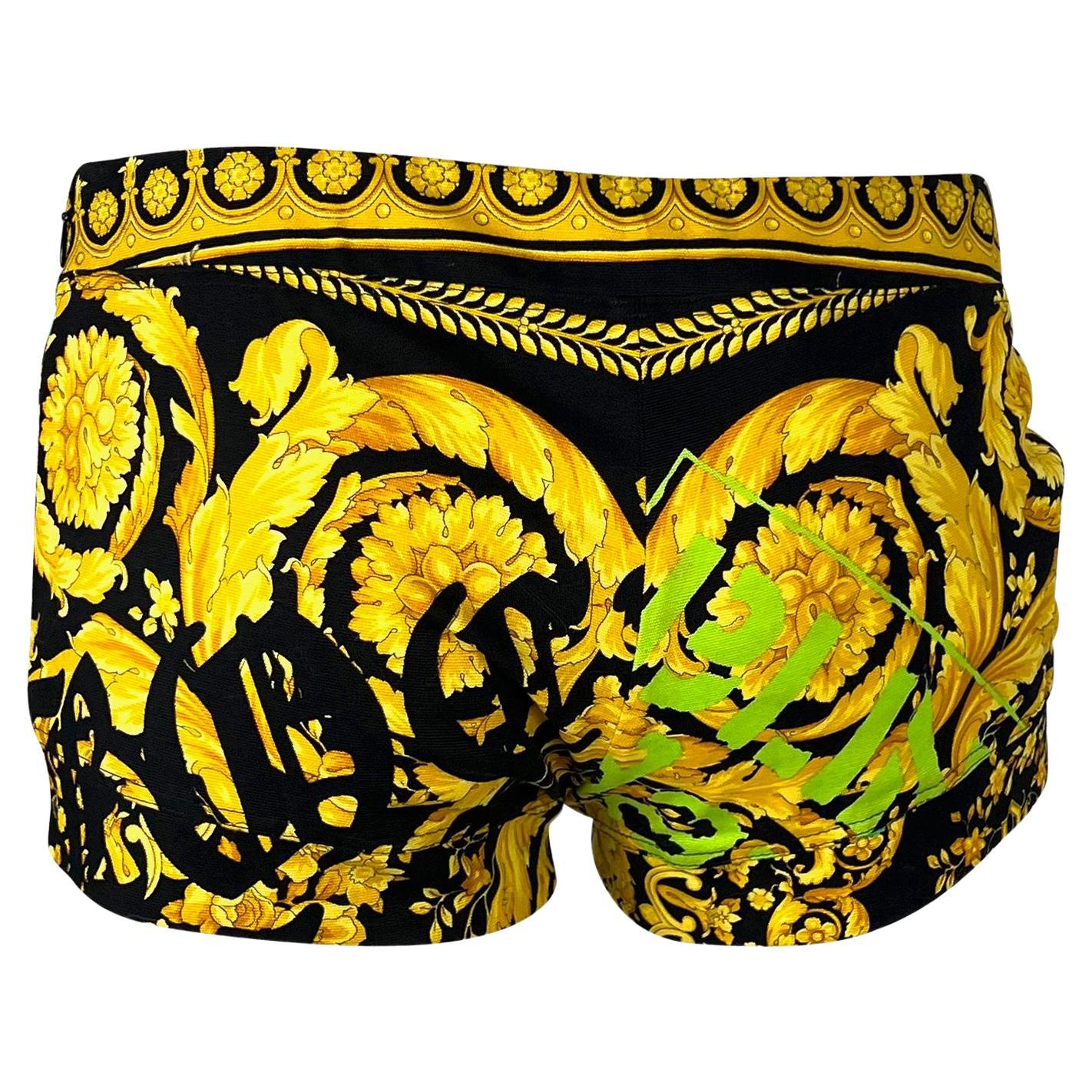 NWT S/S 2005 Versace by Donatella Chaos Couture Baroque Print Gold Mini Shorts - RealList