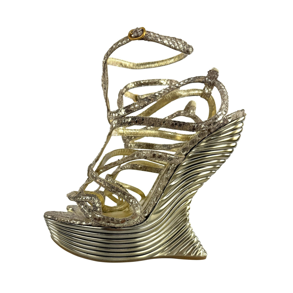 NWT S/S 2012 Alexander McQueen Gold Metallic Oyster Platform Wedge Sandal Size 41 - RealList