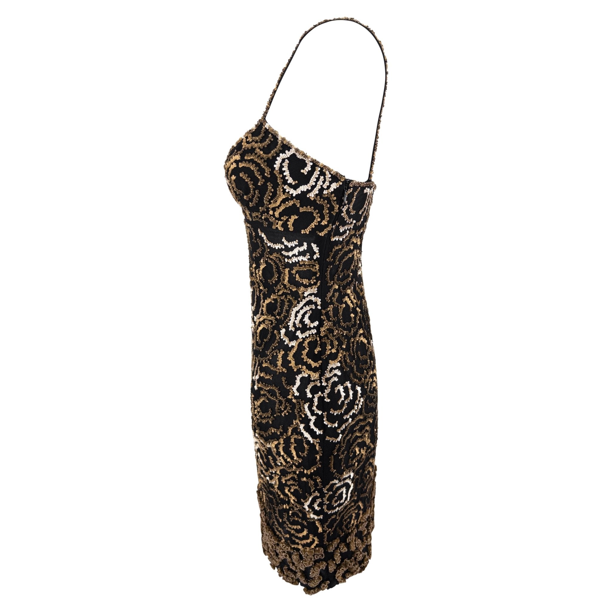 Pre - Fall 1998 Valentino Garavani Runway Gold Sequin Beaded Black Chiffon Mini Dress - RealList