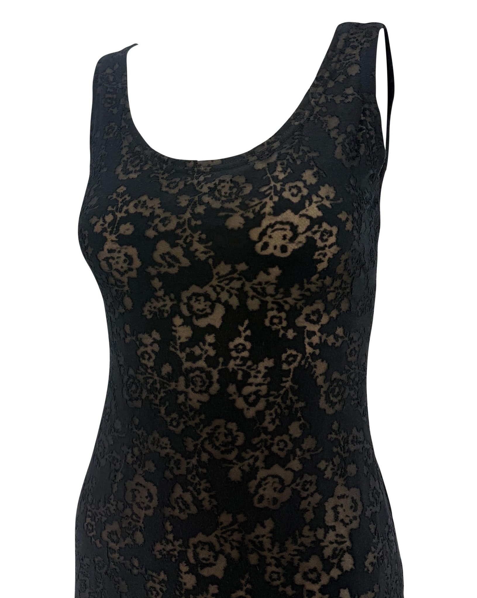 Resort 1990 Donna Karan Prototype Sheer Black Floral Devoré Bodycon Dress - RealList