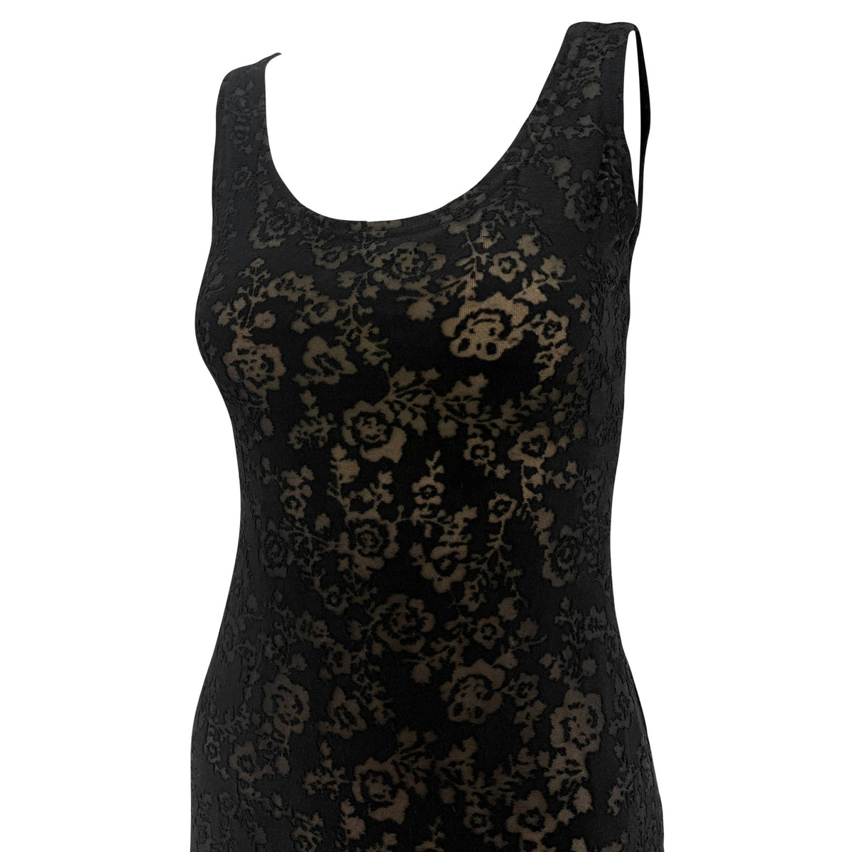 Resort 1990 Donna Karan Prototype Sheer Black Floral Devoré Bodycon Dress - RealList
