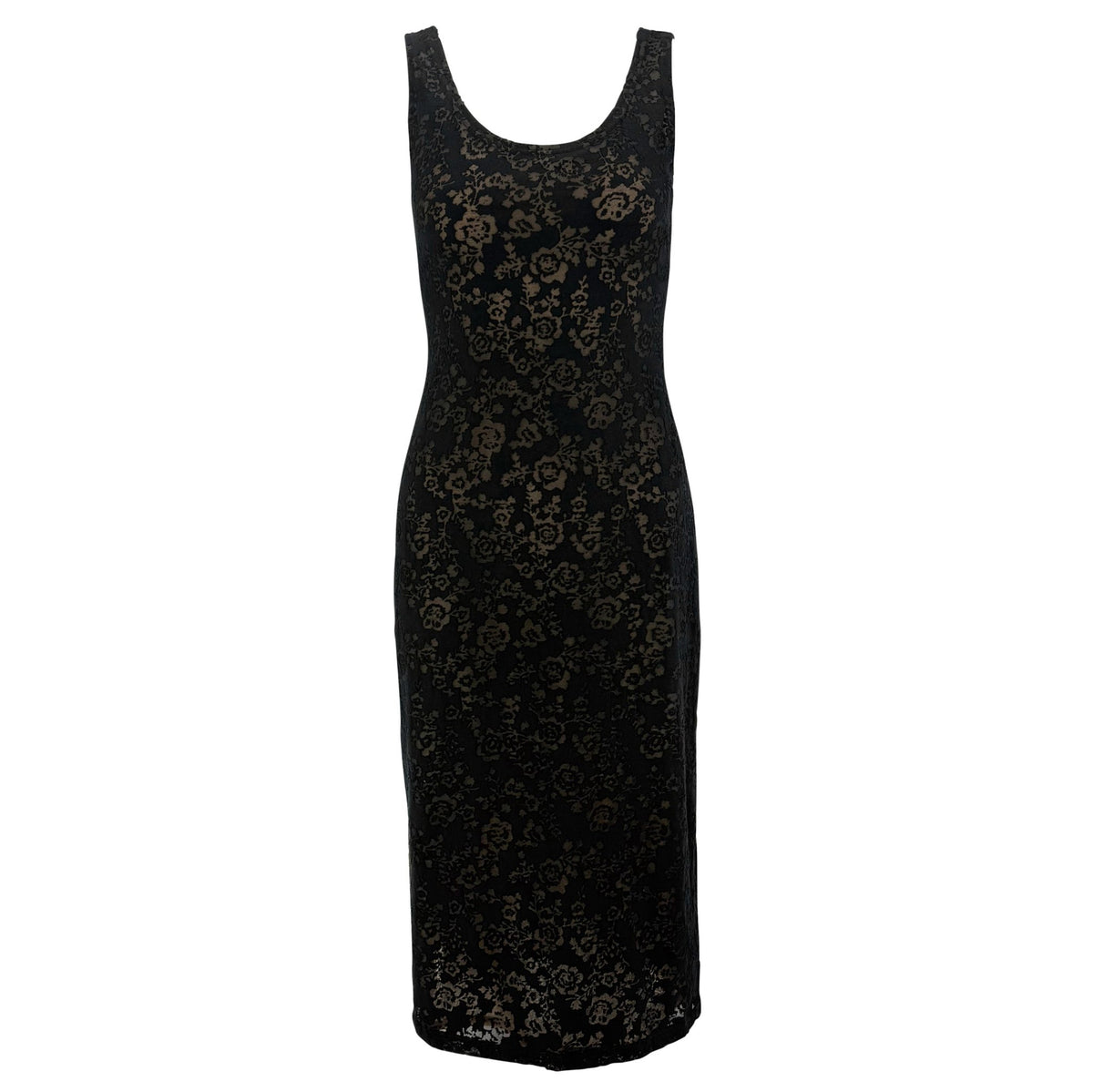 Resort 1990 Donna Karan Prototype Sheer Black Floral Devoré Bodycon Dress - RealList