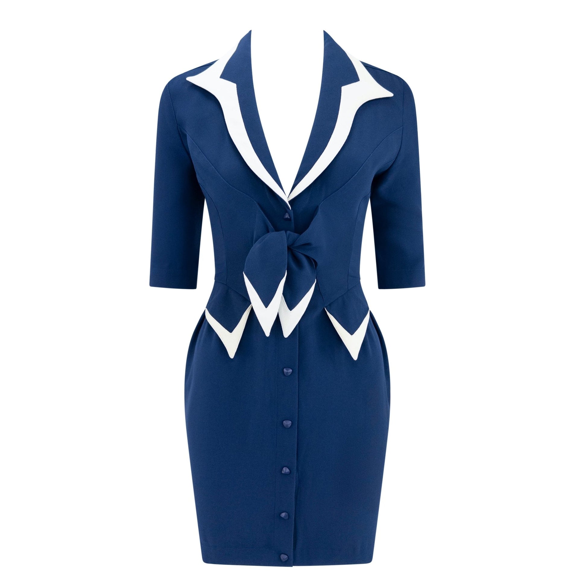 Resort 1993 Thierry Mugler Runway Navy Blue Tie - Front White Trim Dress - RealList