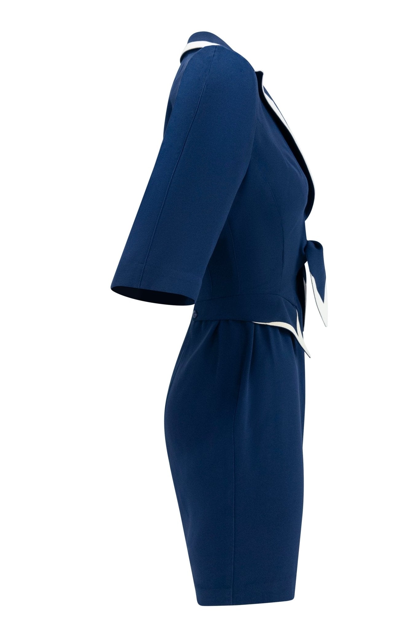 Resort 1993 Thierry Mugler Runway Navy Blue Tie - Front White Trim Dress - RealList