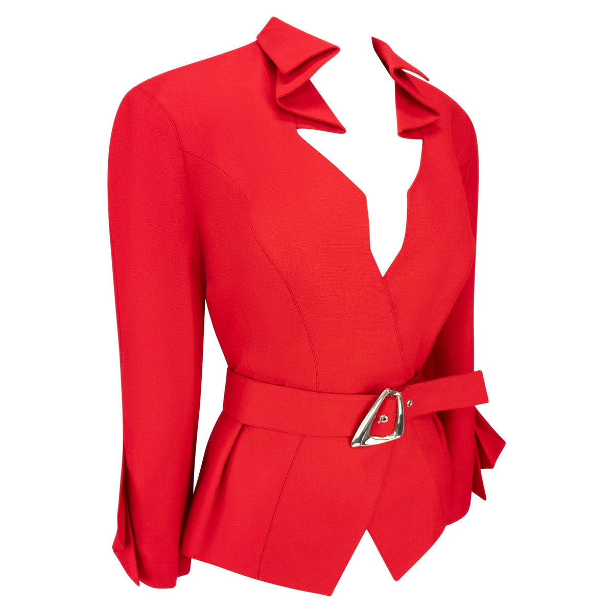 Resort 1993 Thierry Mugler Runway Red Folded Detail Belted Blazer Jacket - RealList