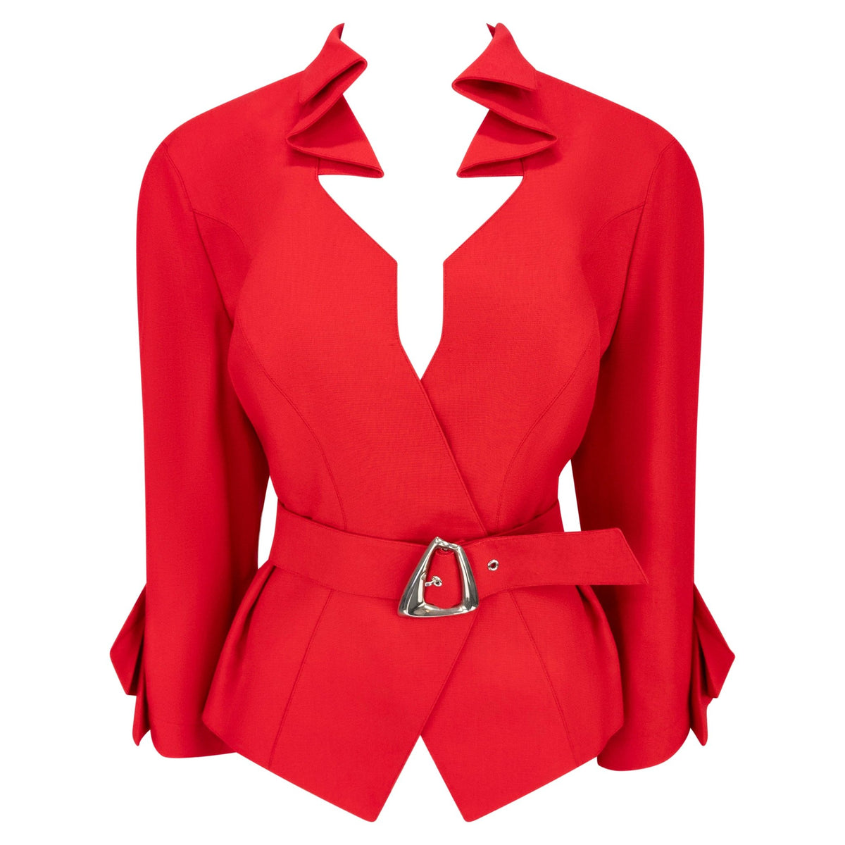 Resort 1993 Thierry Mugler Runway Red Folded Detail Belted Blazer Jacket - RealList