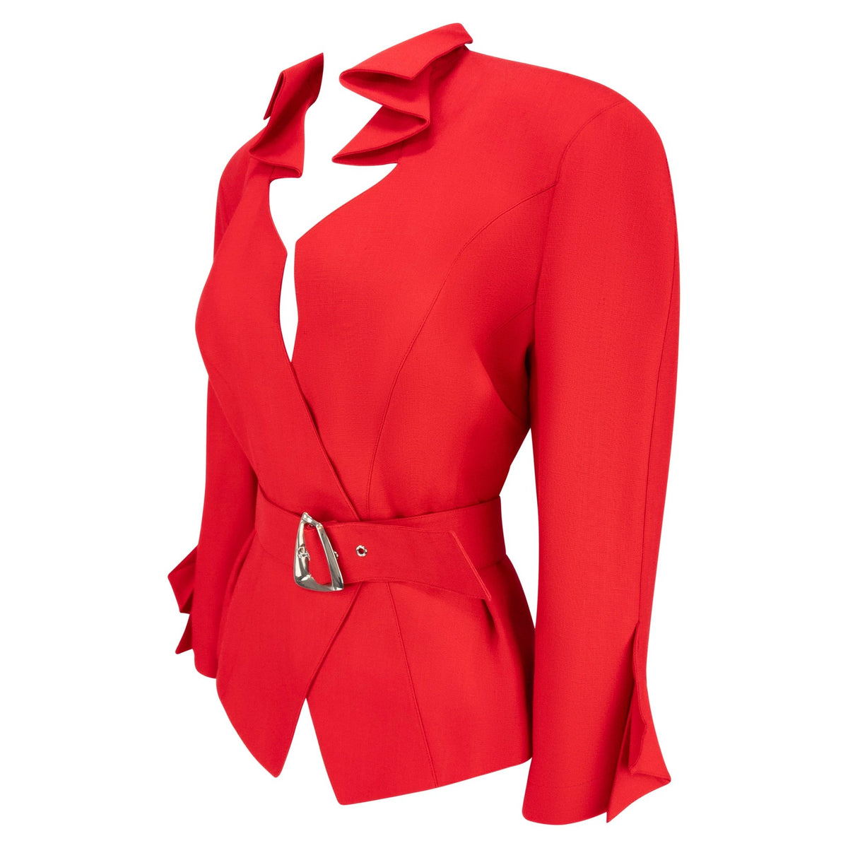 Resort 1993 Thierry Mugler Runway Red Folded Detail Belted Blazer Jacket - RealList