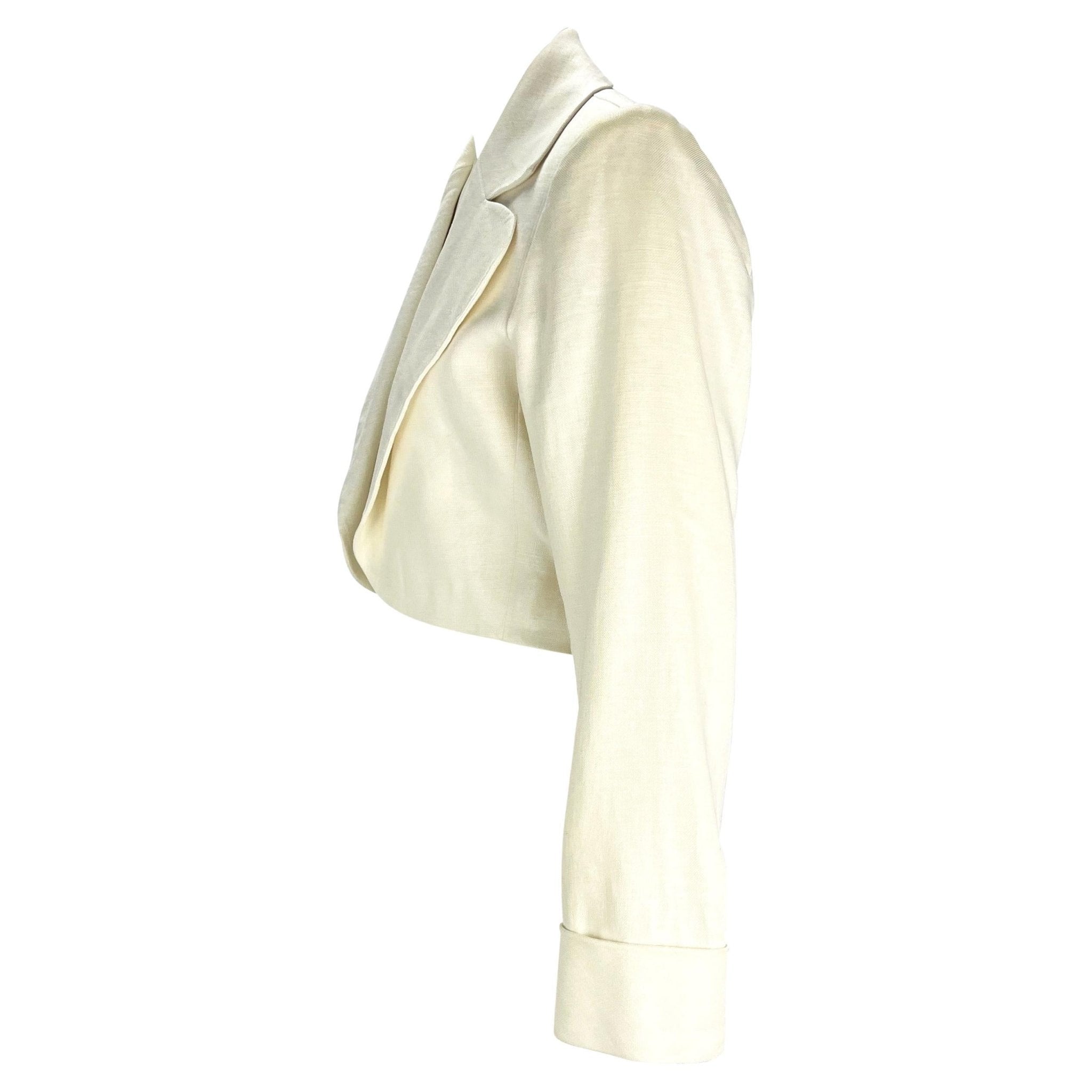 S/S 1986 Saint Laurent Rive Gauche Cropped White Linen Flax Open Blazer - RealList