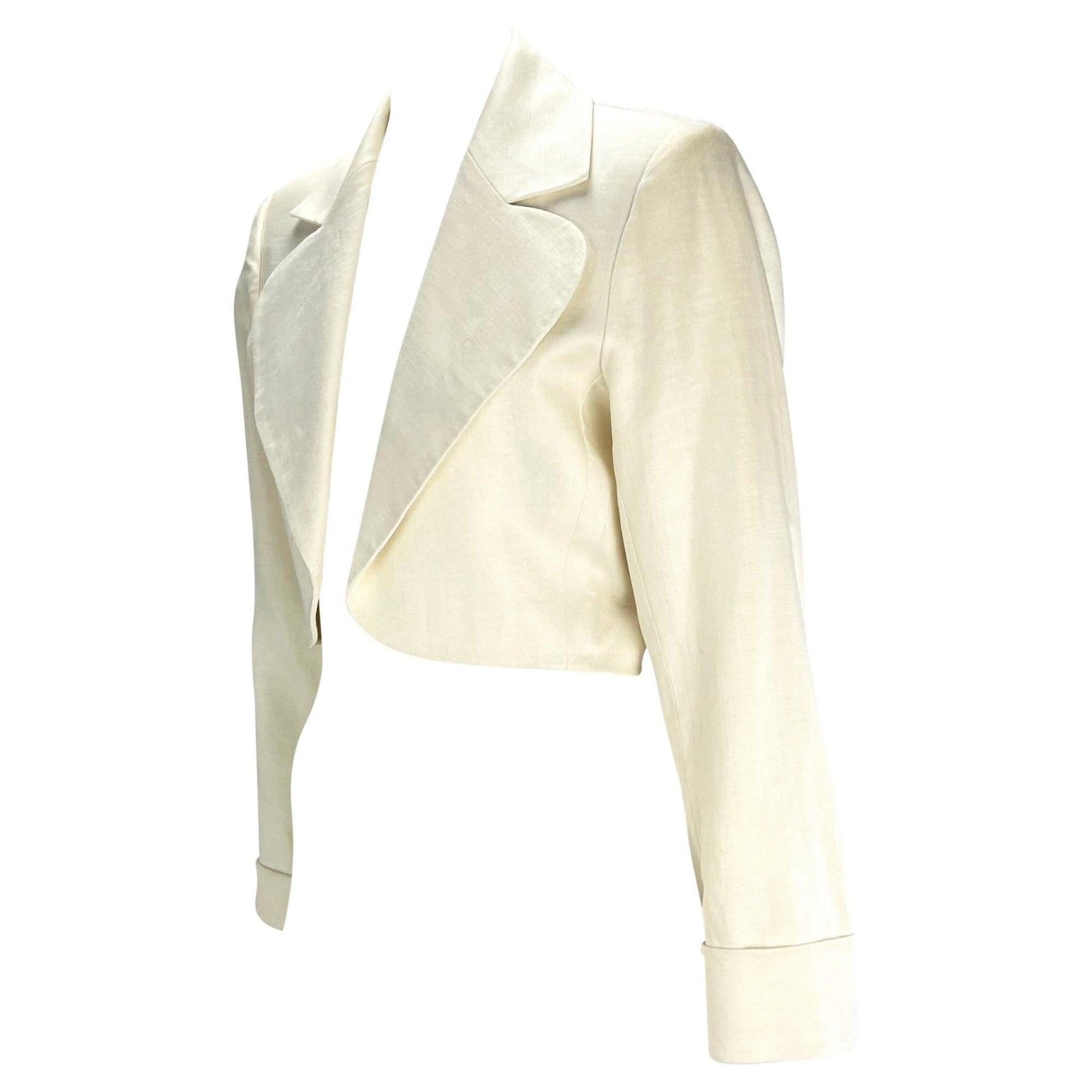 S/S 1986 Saint Laurent Rive Gauche Cropped White Linen Flax Open Blazer - RealList