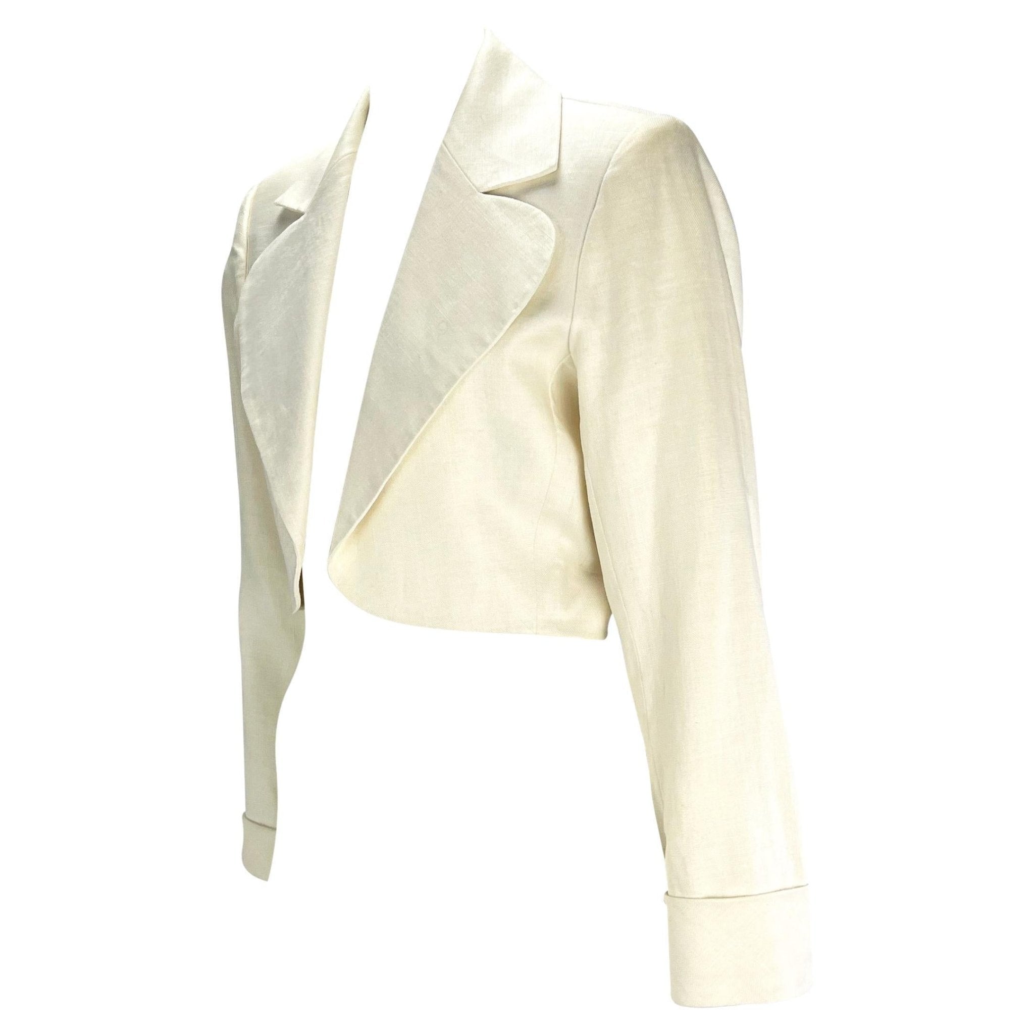S/S 1986 Saint Laurent Rive Gauche Cropped White Linen Flax Open Blazer - RealList