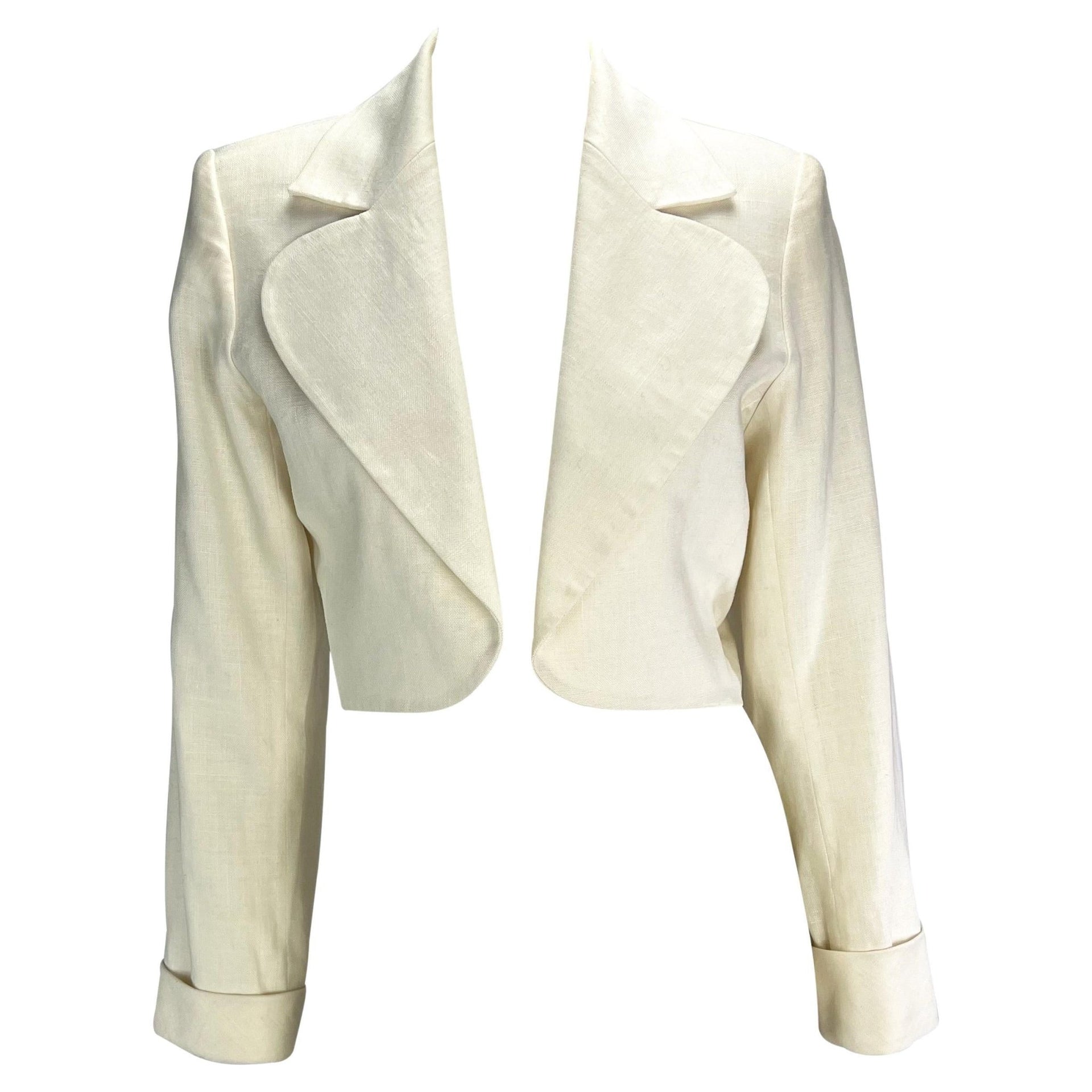 S/S 1986 Saint Laurent Rive Gauche Cropped White Linen Flax Open Blazer - RealList
