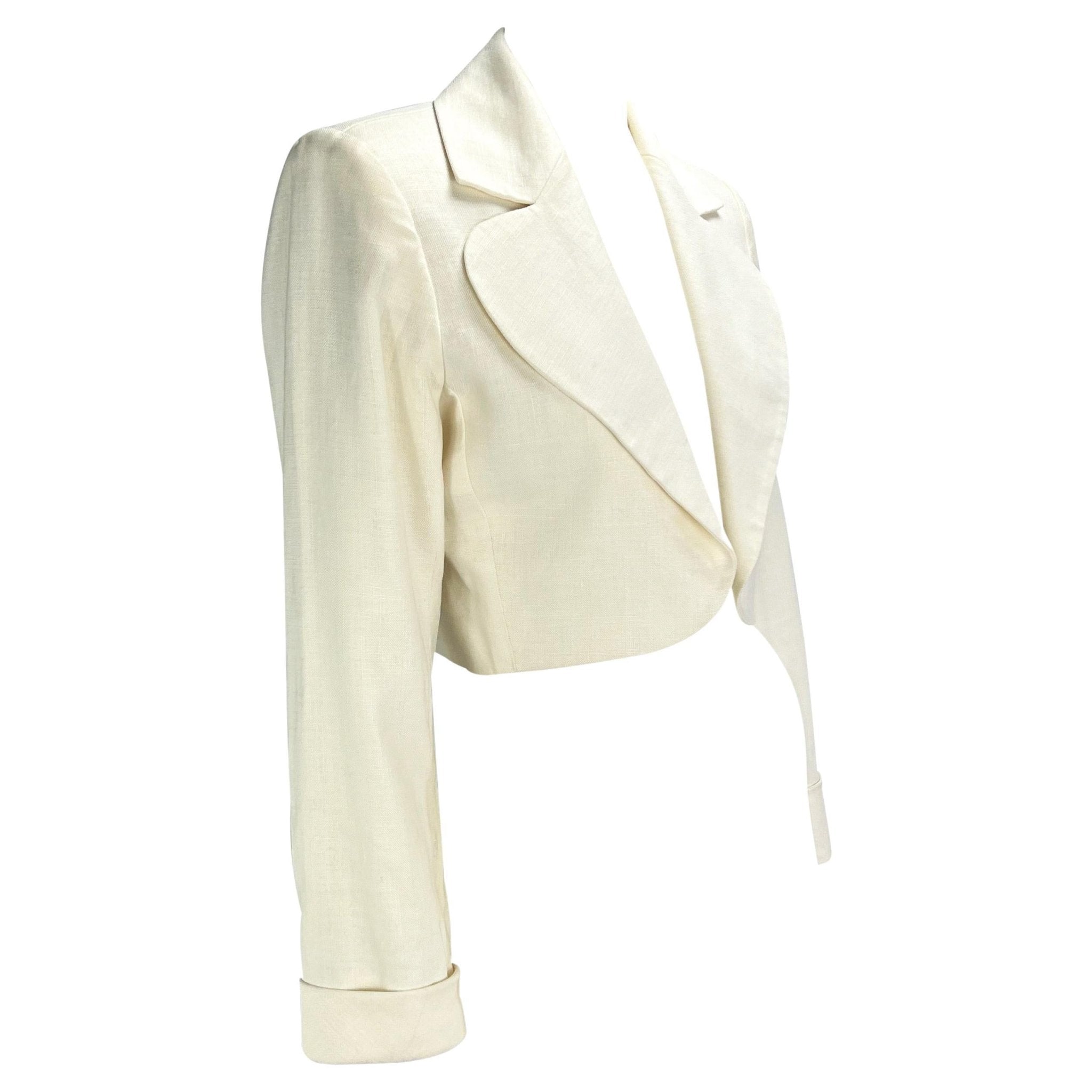 S/S 1986 Saint Laurent Rive Gauche Cropped White Linen Flax Open Blazer - RealList