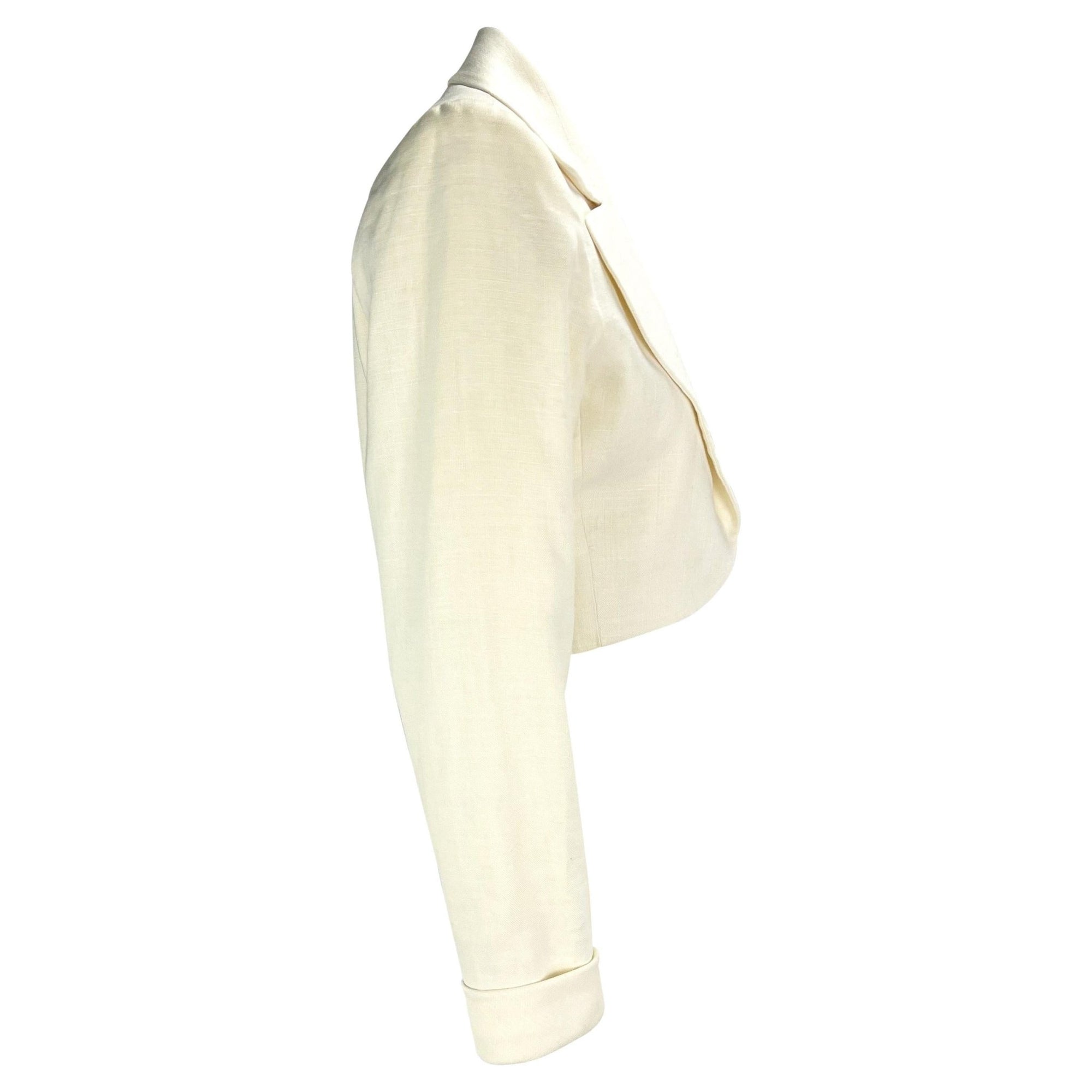 S/S 1986 Saint Laurent Rive Gauche Cropped White Linen Flax Open Blazer - RealList