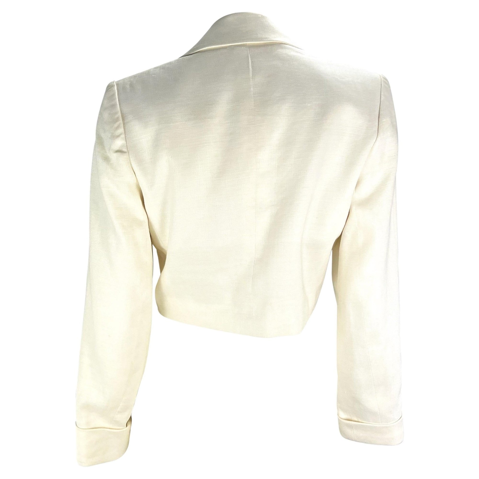S/S 1986 Saint Laurent Rive Gauche Cropped White Linen Flax Open Blazer - RealList