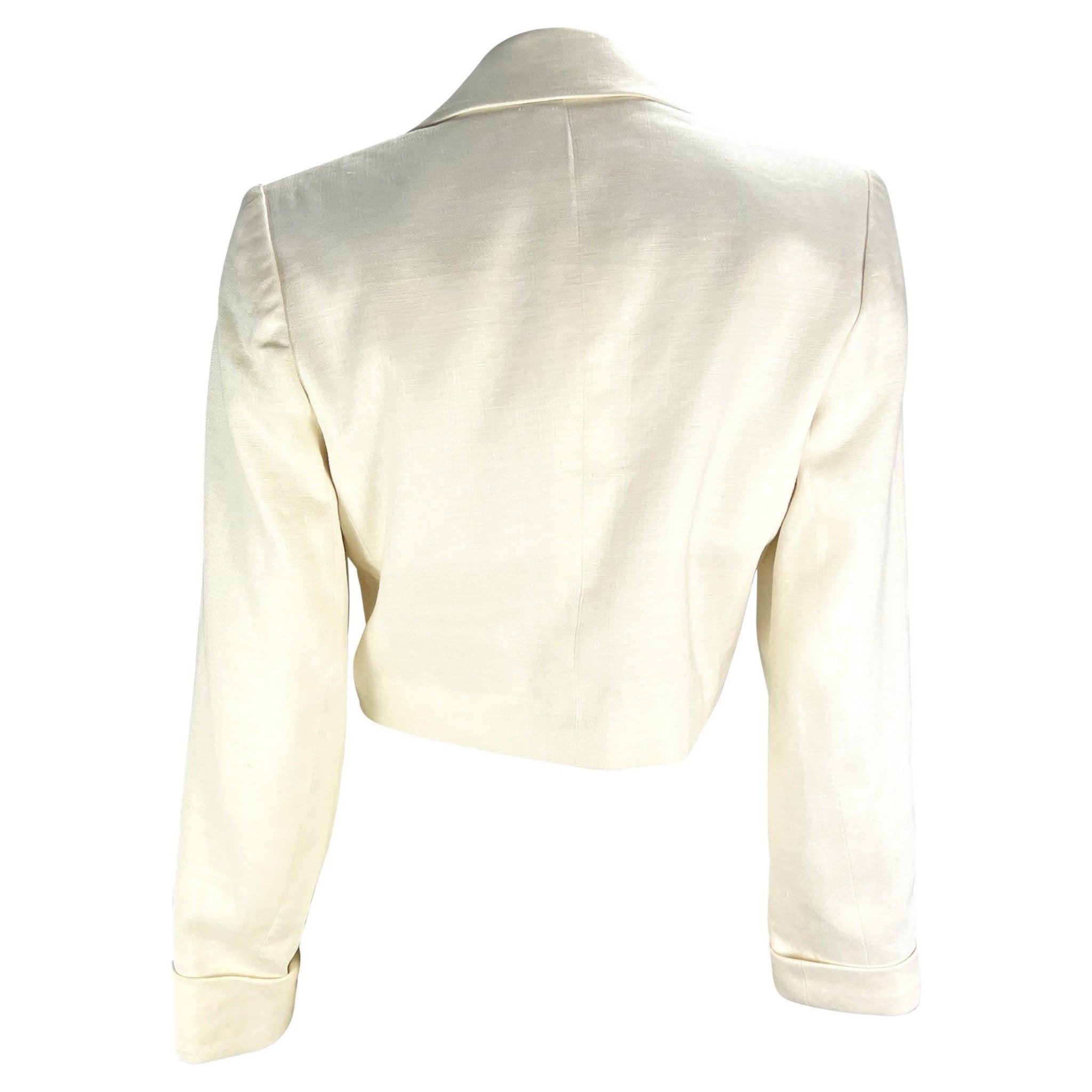 S/S 1986 Saint Laurent Rive Gauche Cropped White Linen Flax Open Blazer - RealList