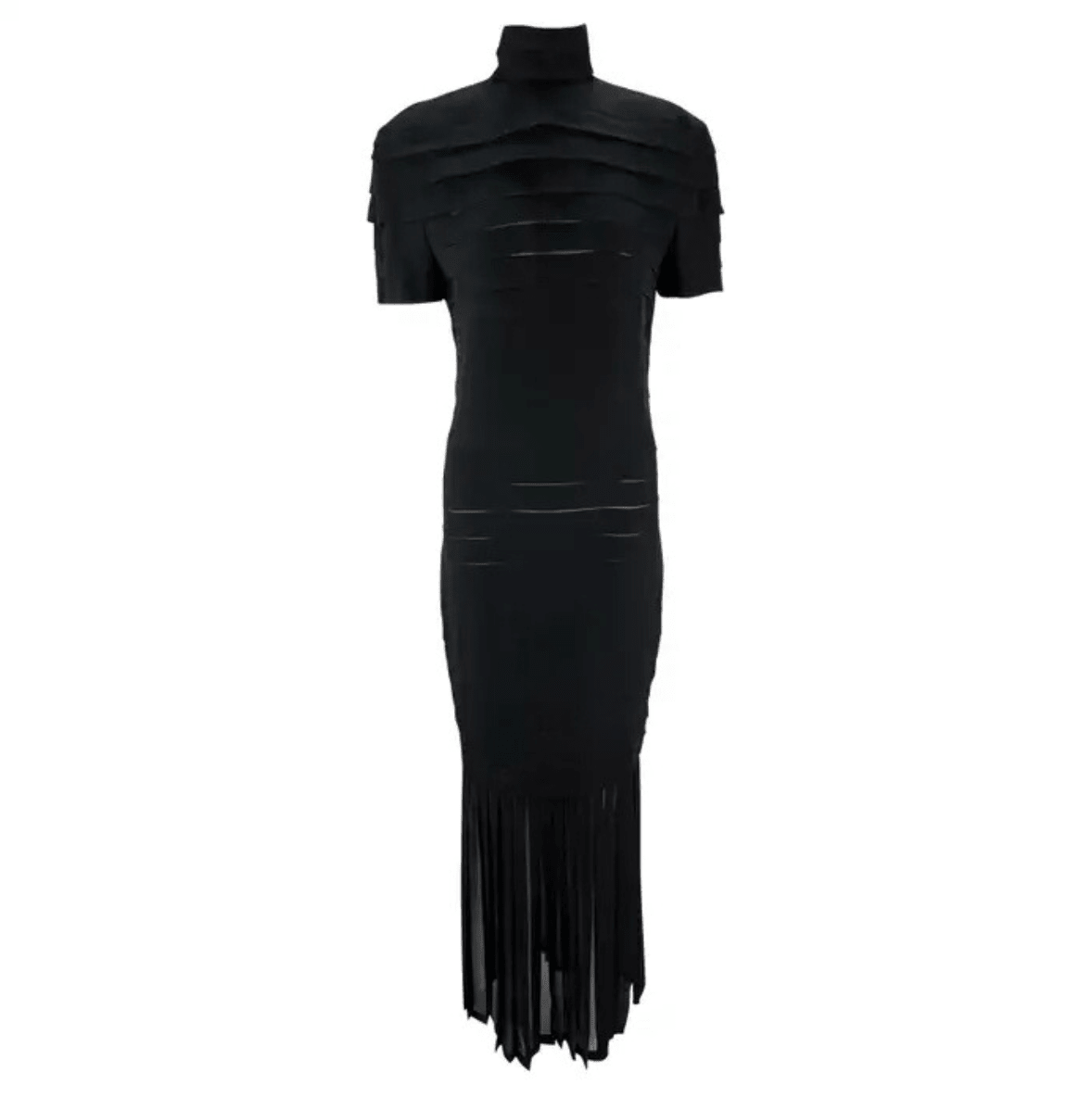 S/S 1987 Gianni Versace Runway Ad Black Pleated Sheer Slit Silk Gown - RealList