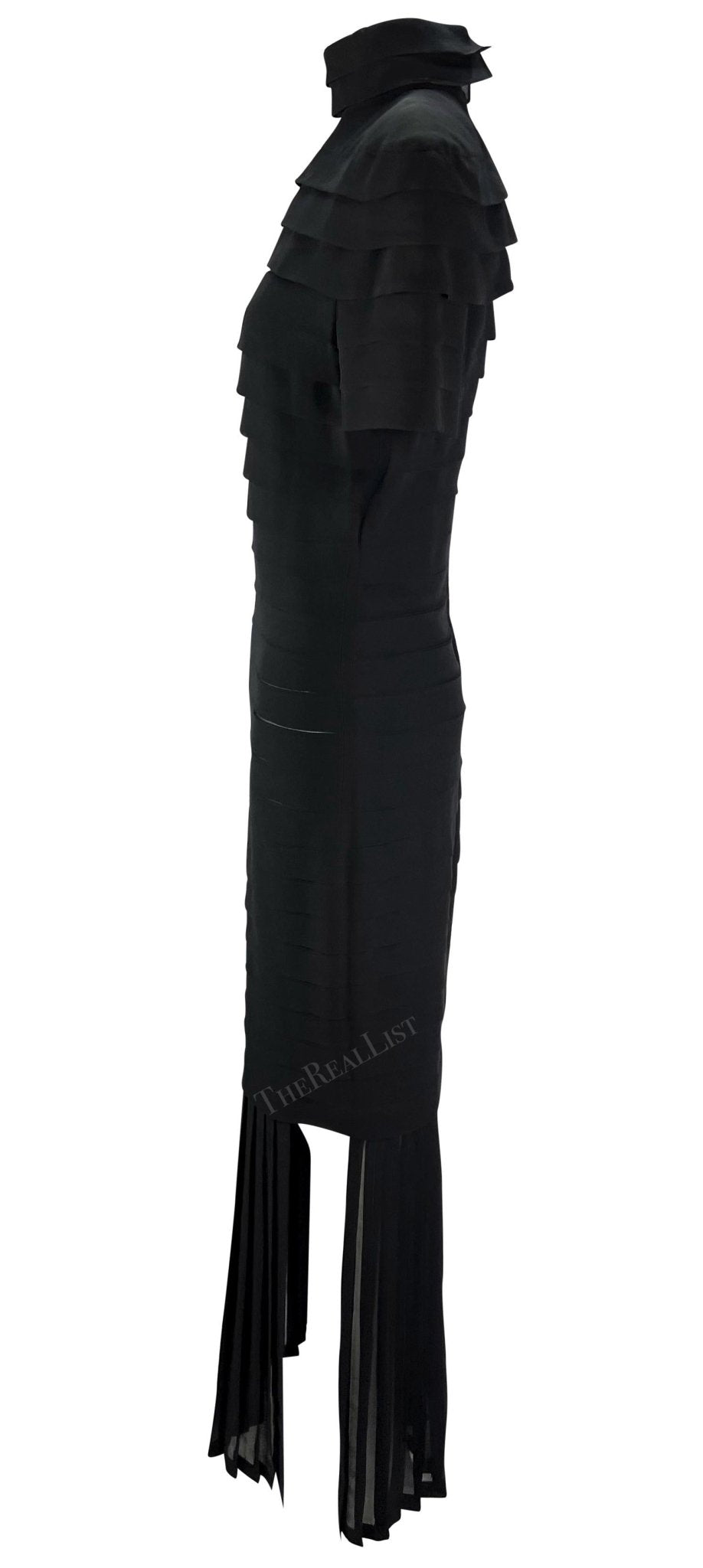 S/S 1987 Gianni Versace Runway Ad Black Pleated Sheer Slit Silk Gown - RealList