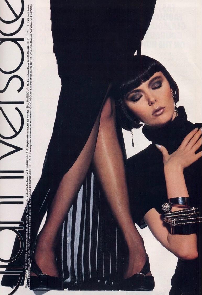 S/S 1987 Gianni Versace Runway Ad Black Pleated Sheer Slit Silk Gown - RealList