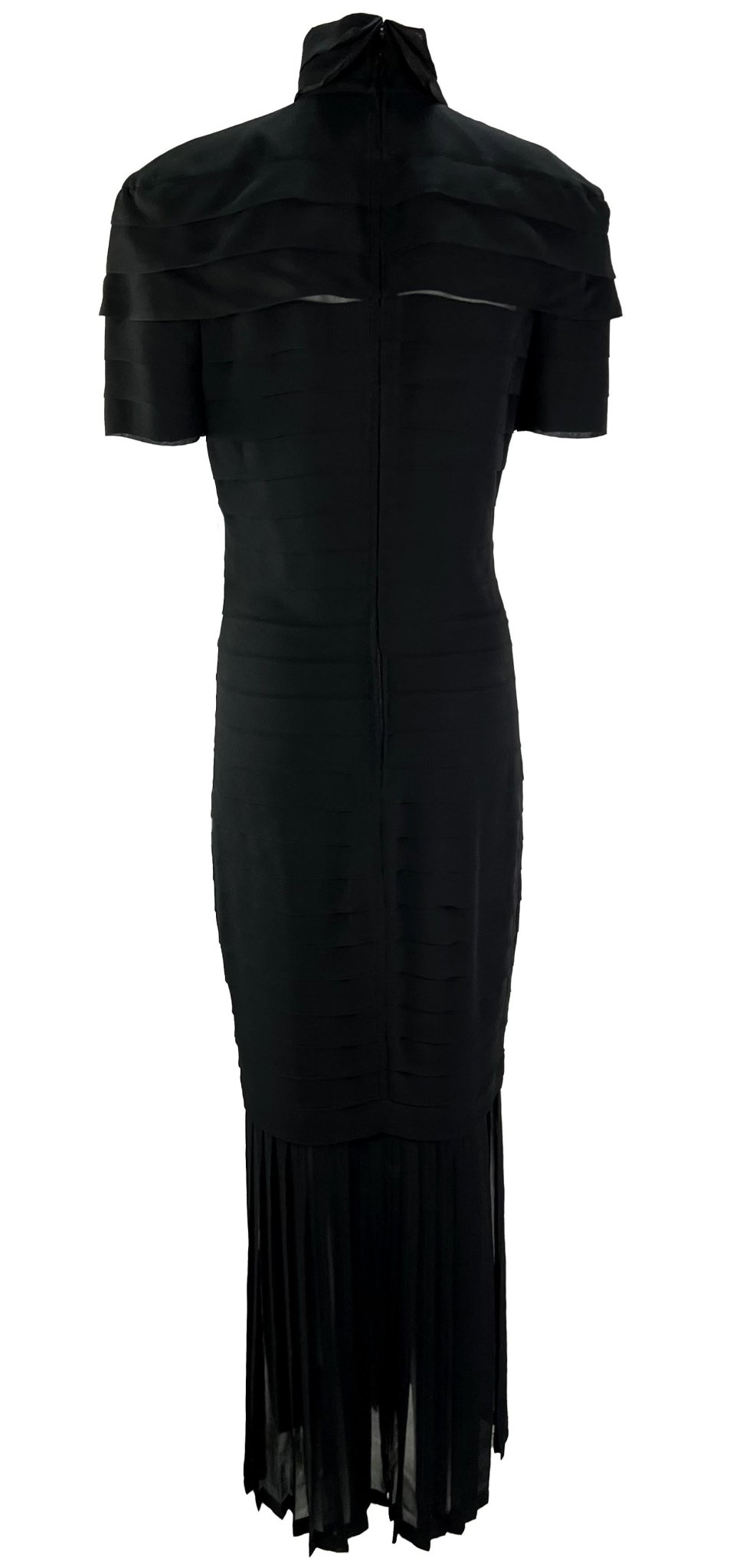 S/S 1987 Gianni Versace Runway Ad Black Pleated Sheer Slit Silk Gown - RealList