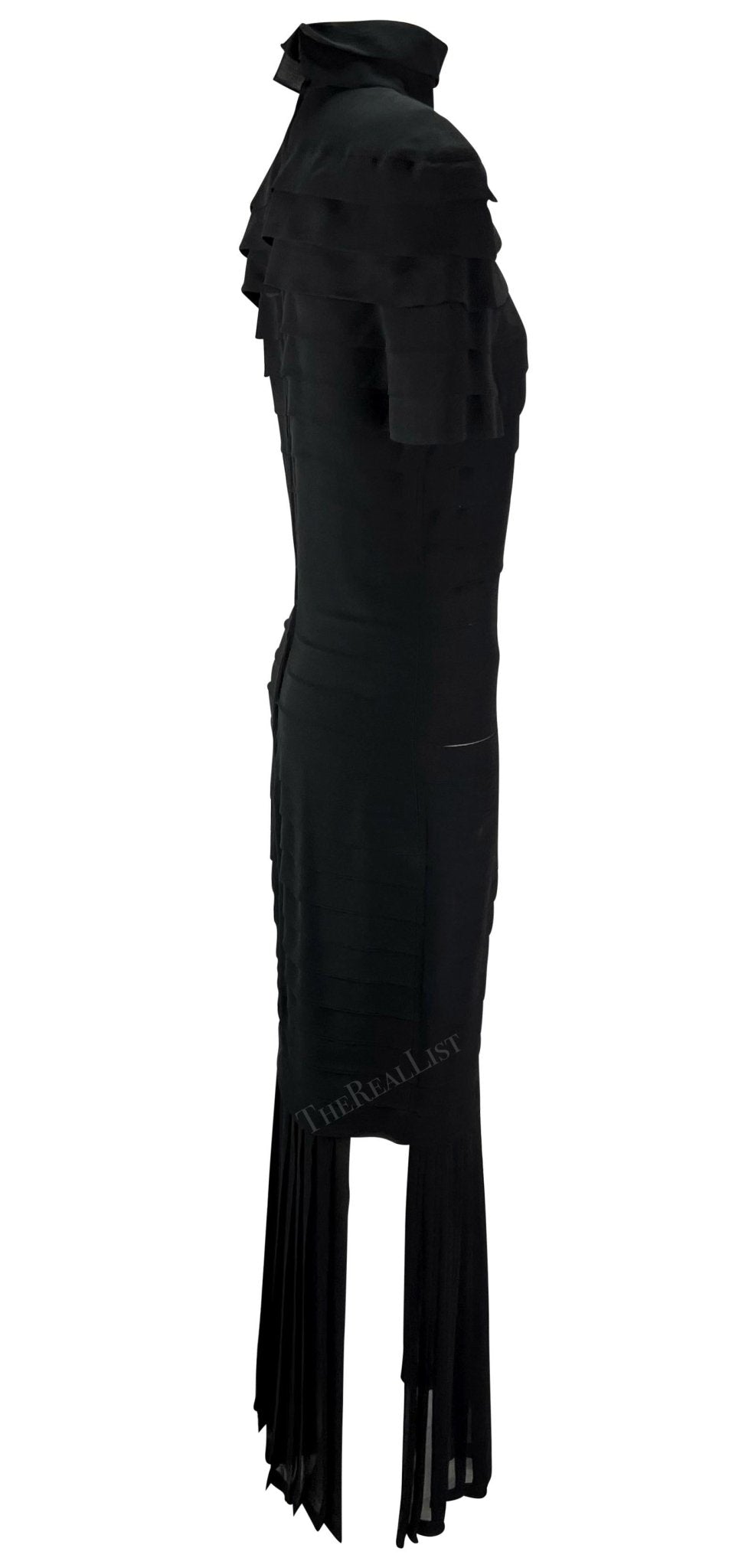 S/S 1987 Gianni Versace Runway Ad Black Pleated Sheer Slit Silk Gown - RealList