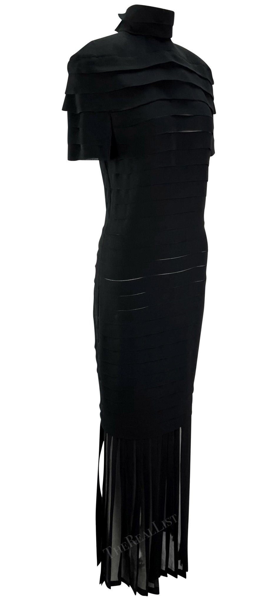 S/S 1987 Gianni Versace Runway Ad Black Pleated Sheer Slit Silk Gown - RealList