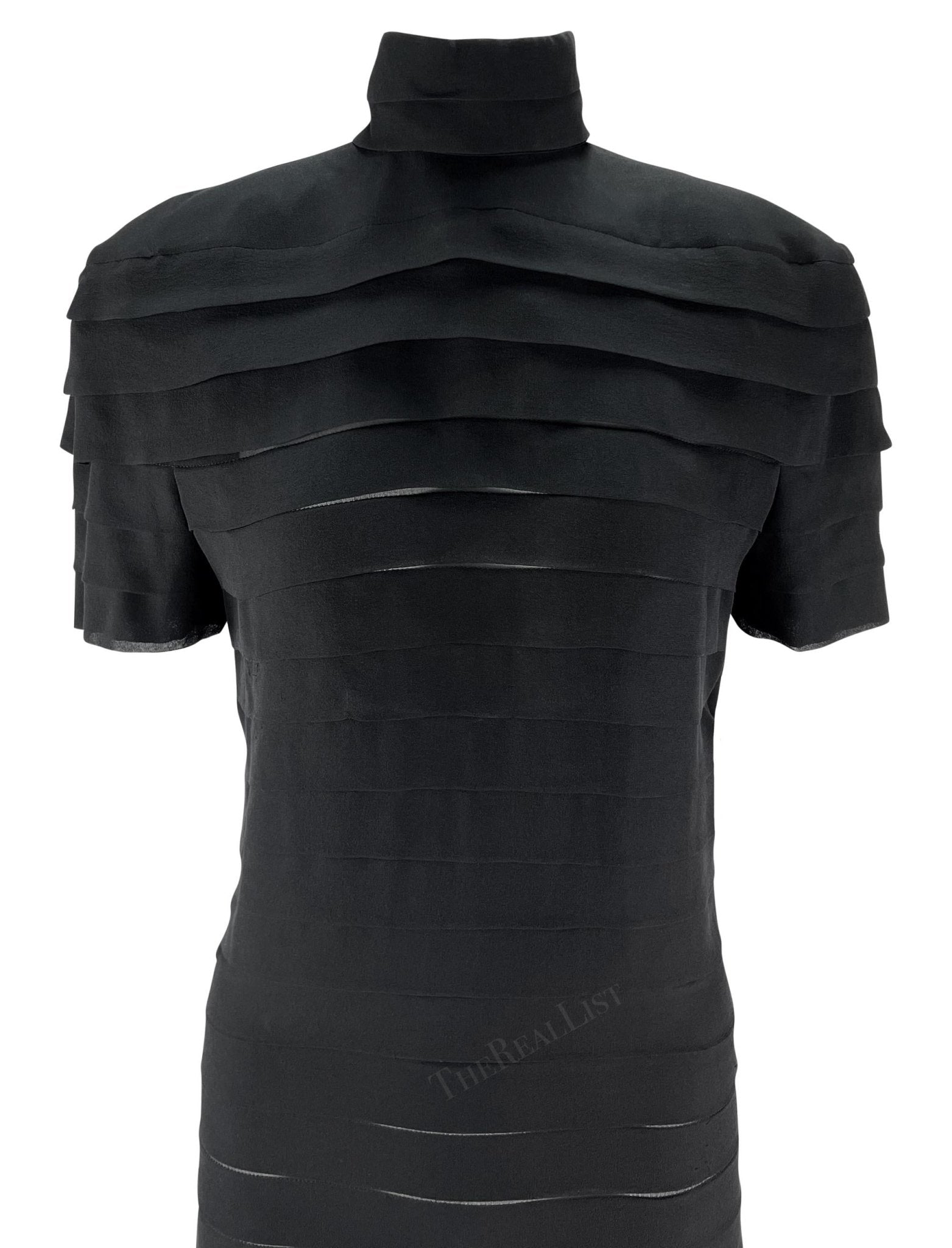 S/S 1987 Gianni Versace Runway Ad Black Pleated Sheer Slit Silk Gown - RealList