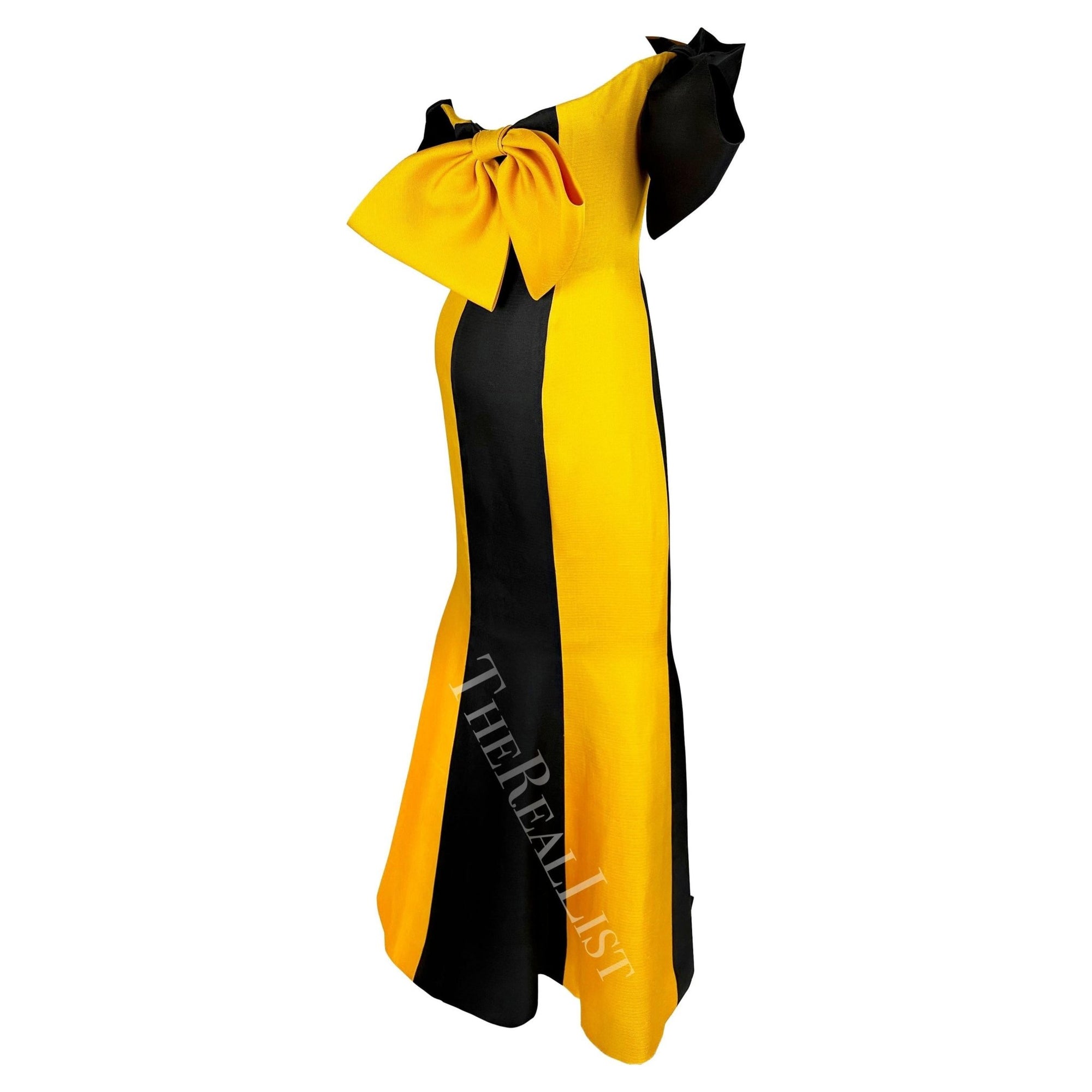 S/S 1987 Givenchy Haute Couture Runway Yellow Black Bow Trumpet Flare Gown - RealList