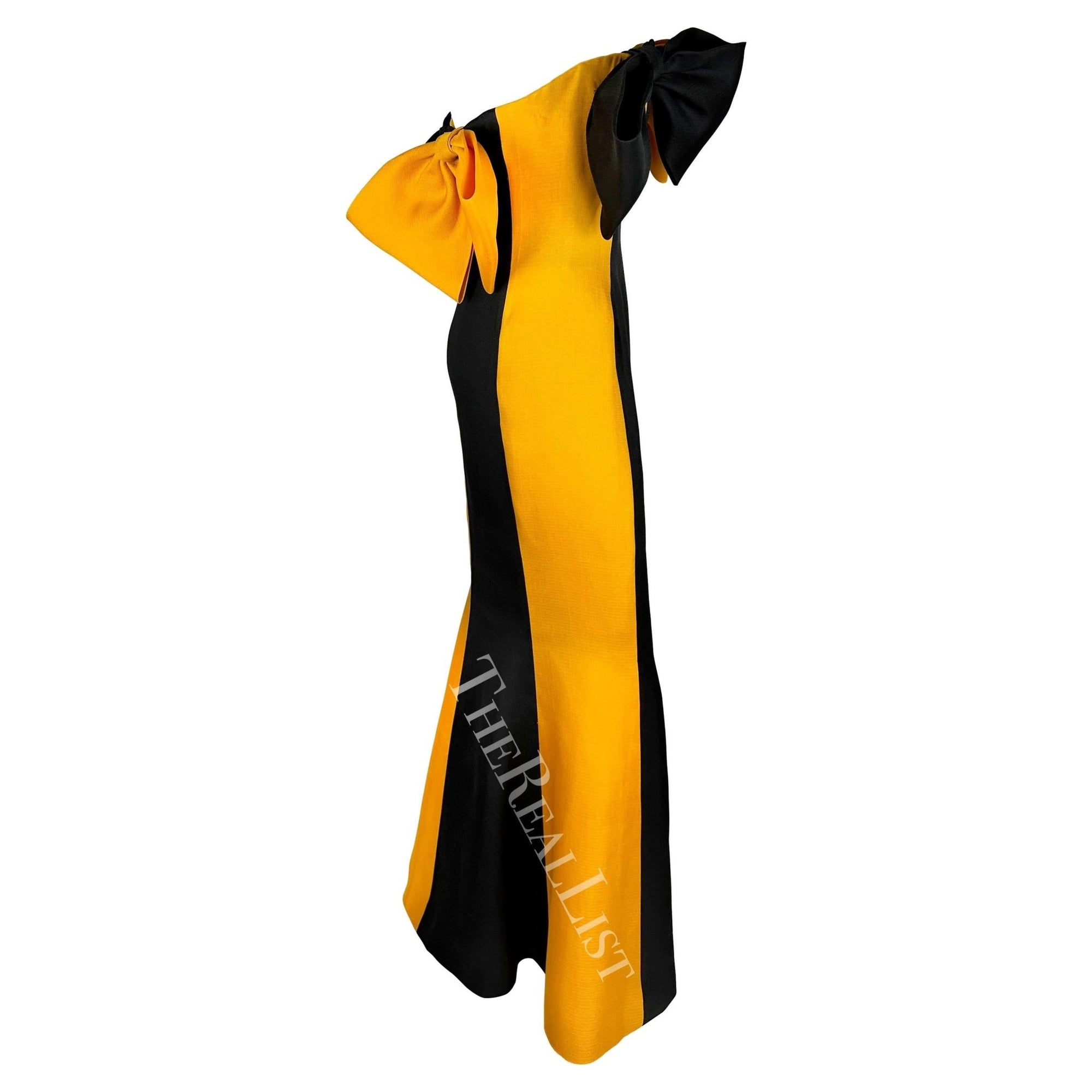 S/S 1987 Givenchy Haute Couture Runway Yellow Black Bow Trumpet Flare Gown - RealList