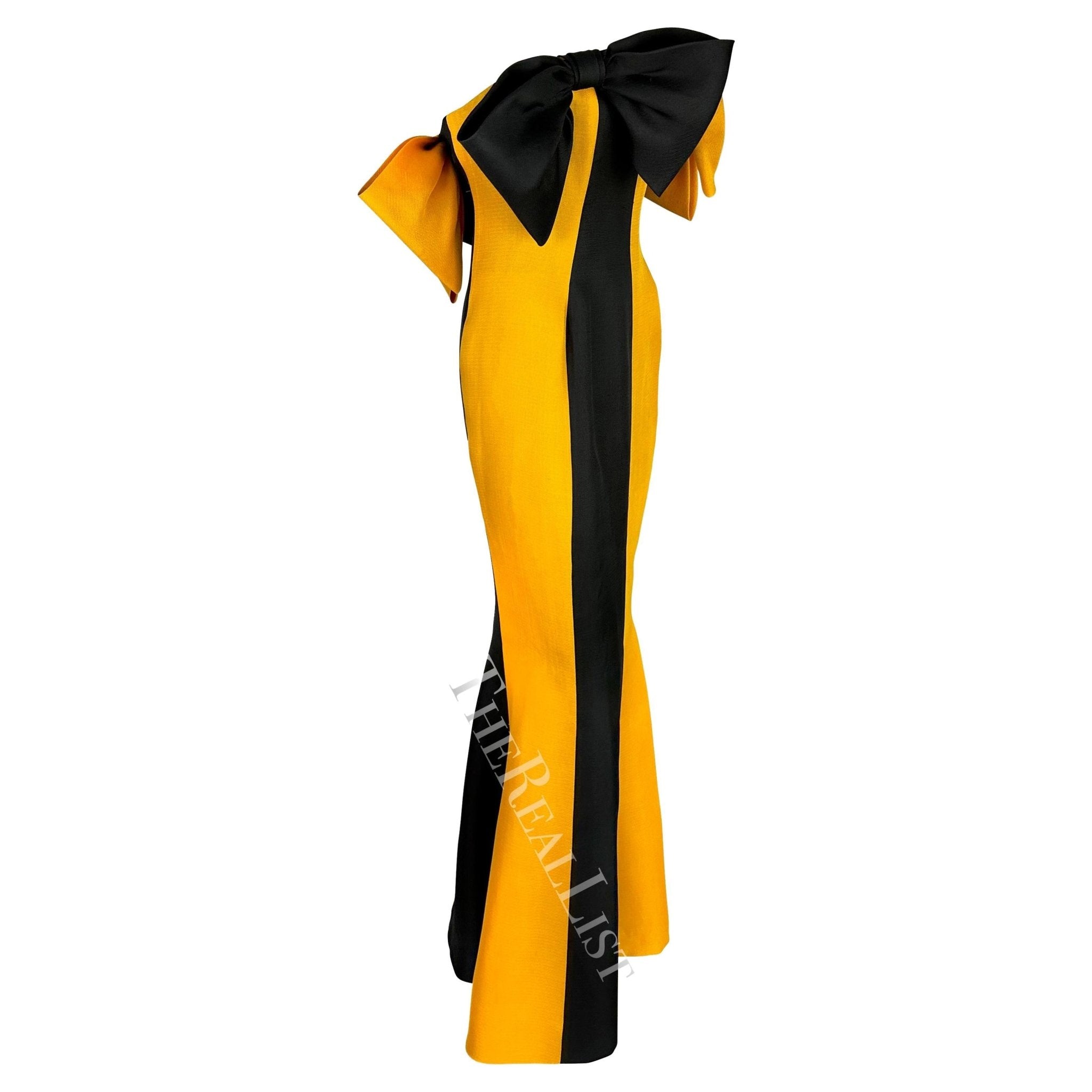 S/S 1987 Givenchy Haute Couture Runway Yellow Black Bow Trumpet Flare Gown - RealList
