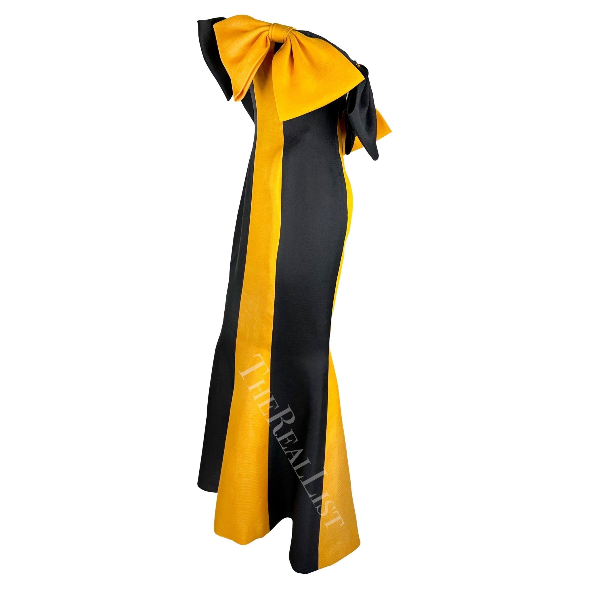 S/S 1987 Givenchy Haute Couture Runway Yellow Black Bow Trumpet Flare Gown - RealList