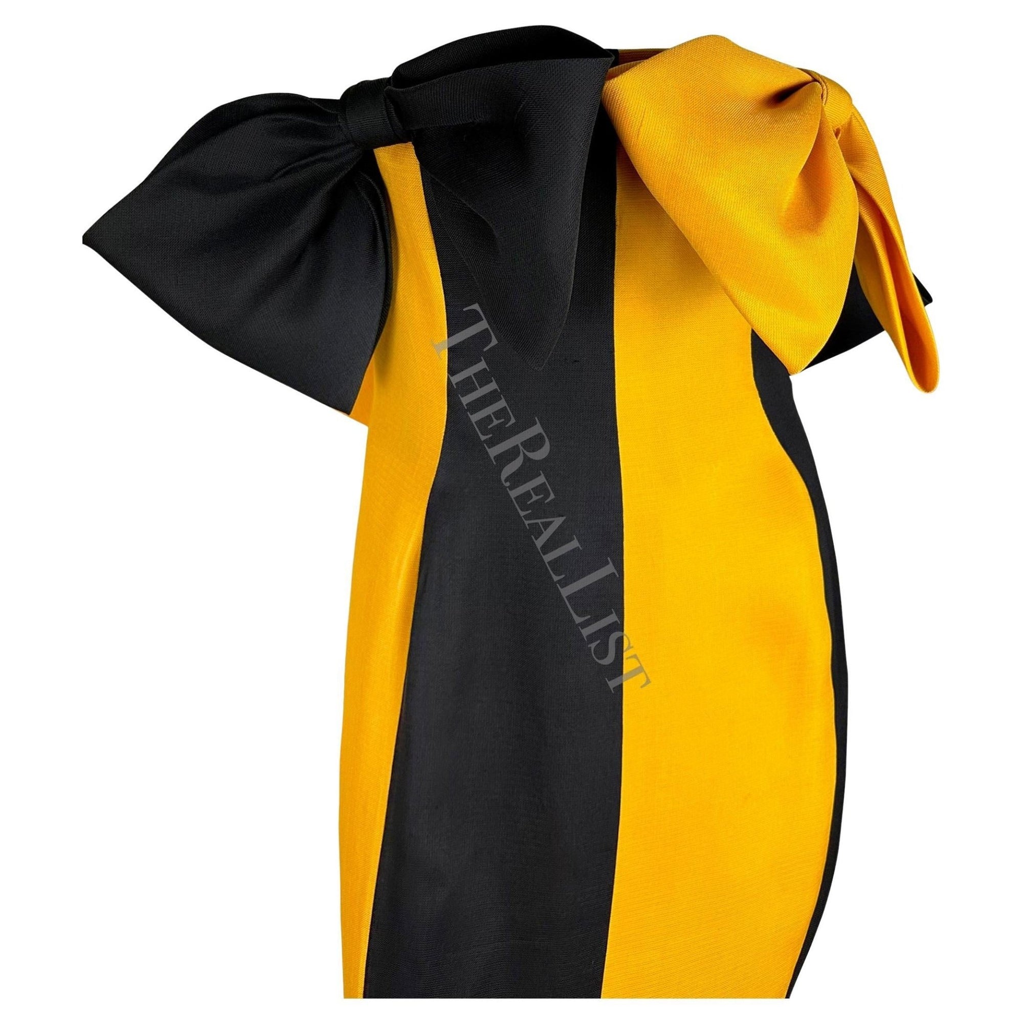 S/S 1987 Givenchy Haute Couture Runway Yellow Black Bow Trumpet Flare Gown - RealList