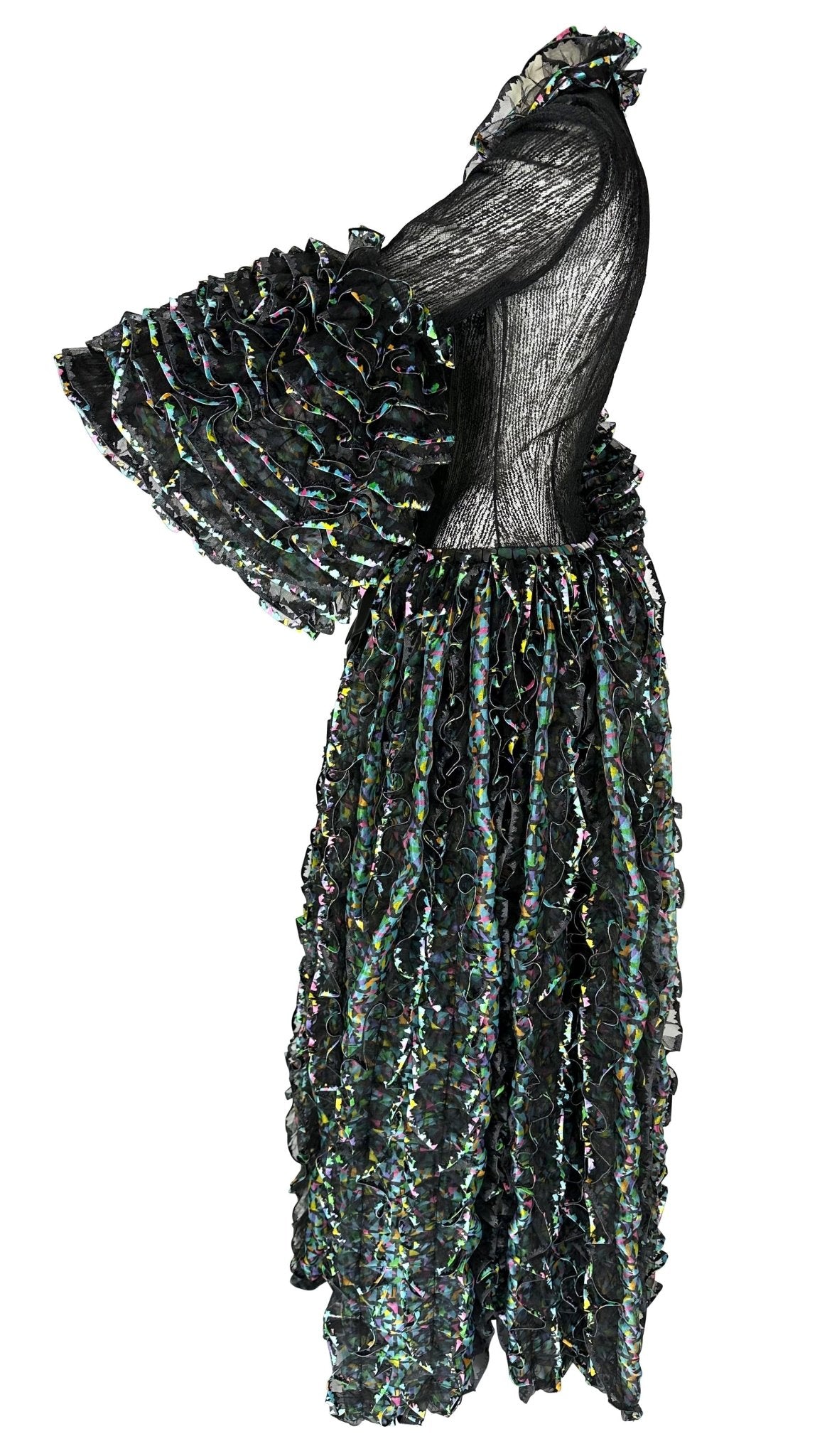 S/S 1987 Paco Rabanne Haute Couture Runway Sheer Embroidered Ruffle Gown - RealList