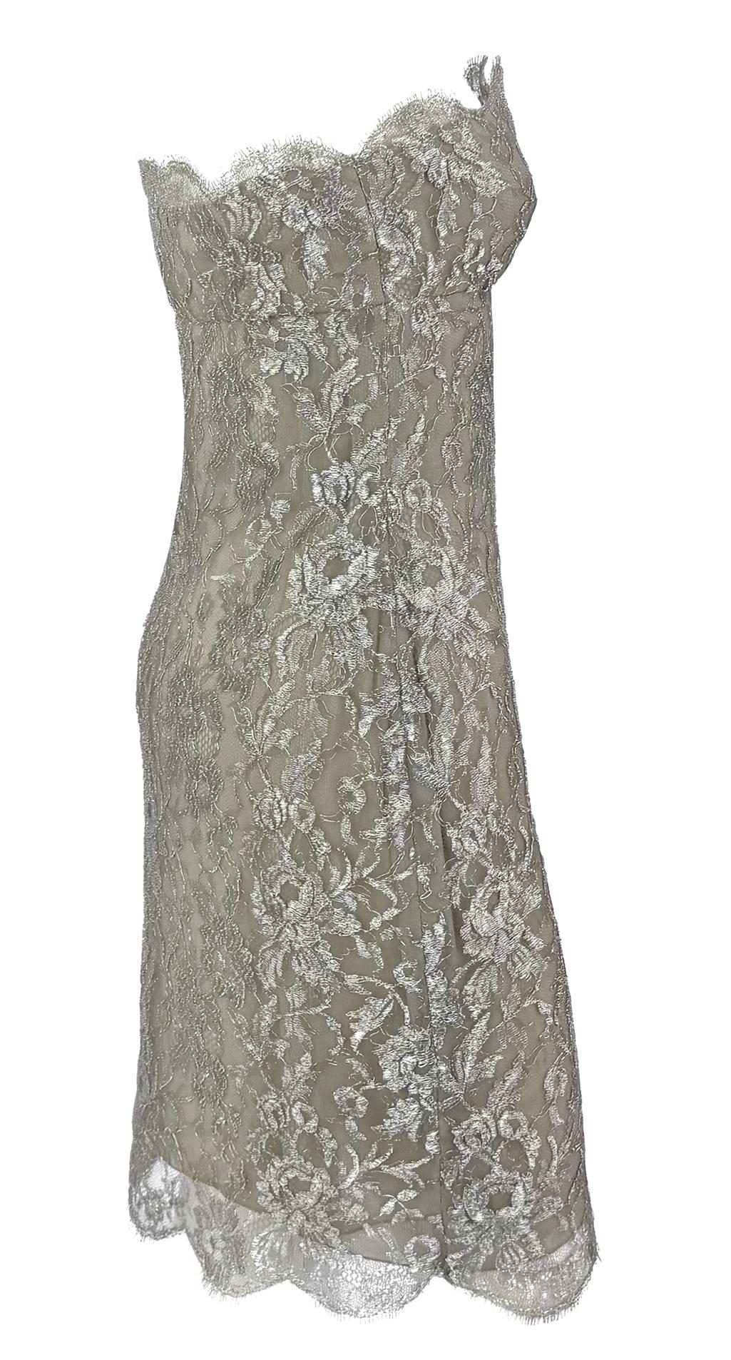 S/S 1988 Calvin Klein Runway Silver Metallic Floral Lace Cocktail Dress - RealList