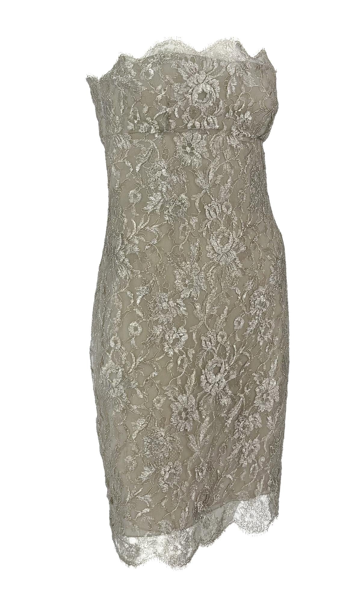 S/S 1988 Calvin Klein Runway Silver Metallic Floral Lace Cocktail Dress - RealList