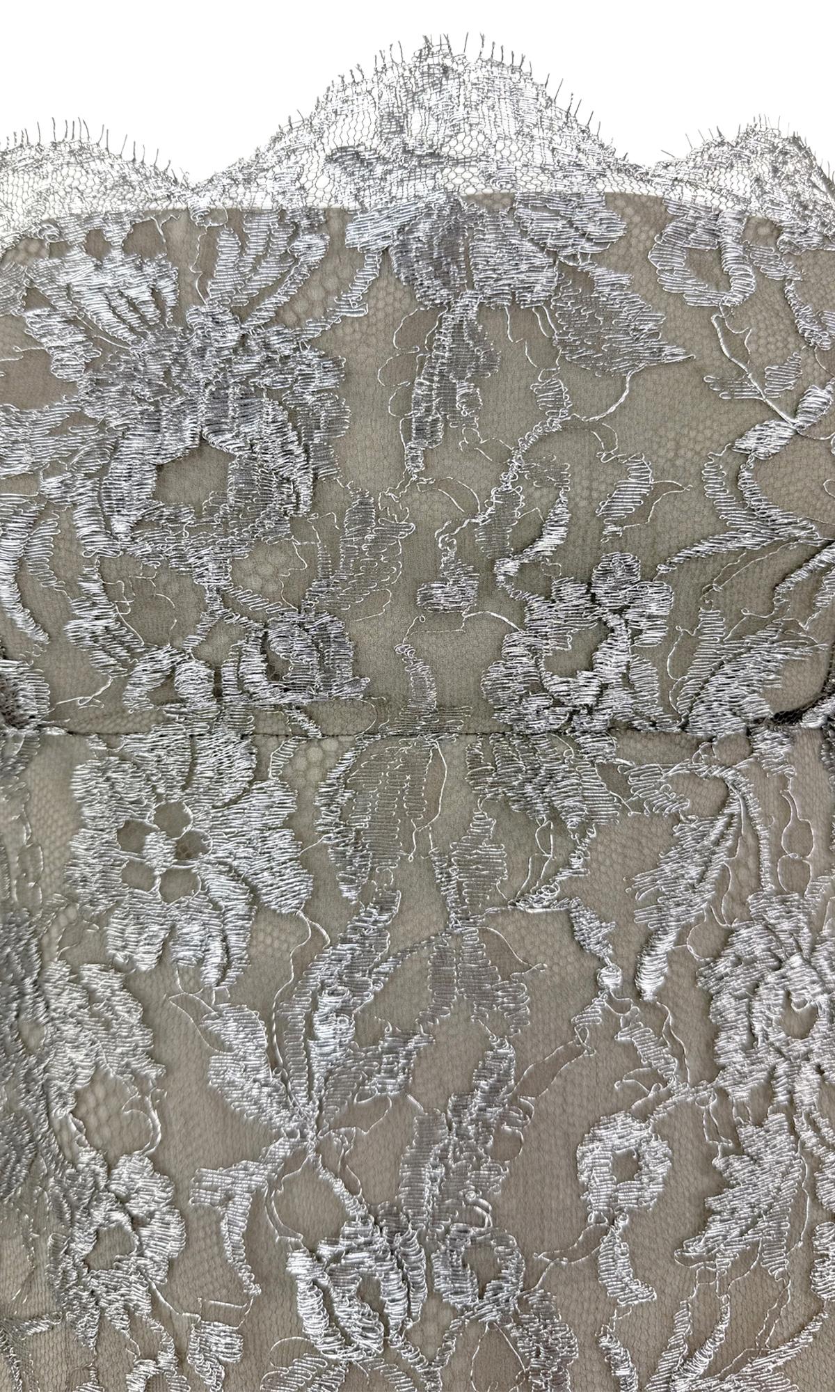 S/S 1988 Calvin Klein Runway Silver Metallic Floral Lace Cocktail Dress - RealList