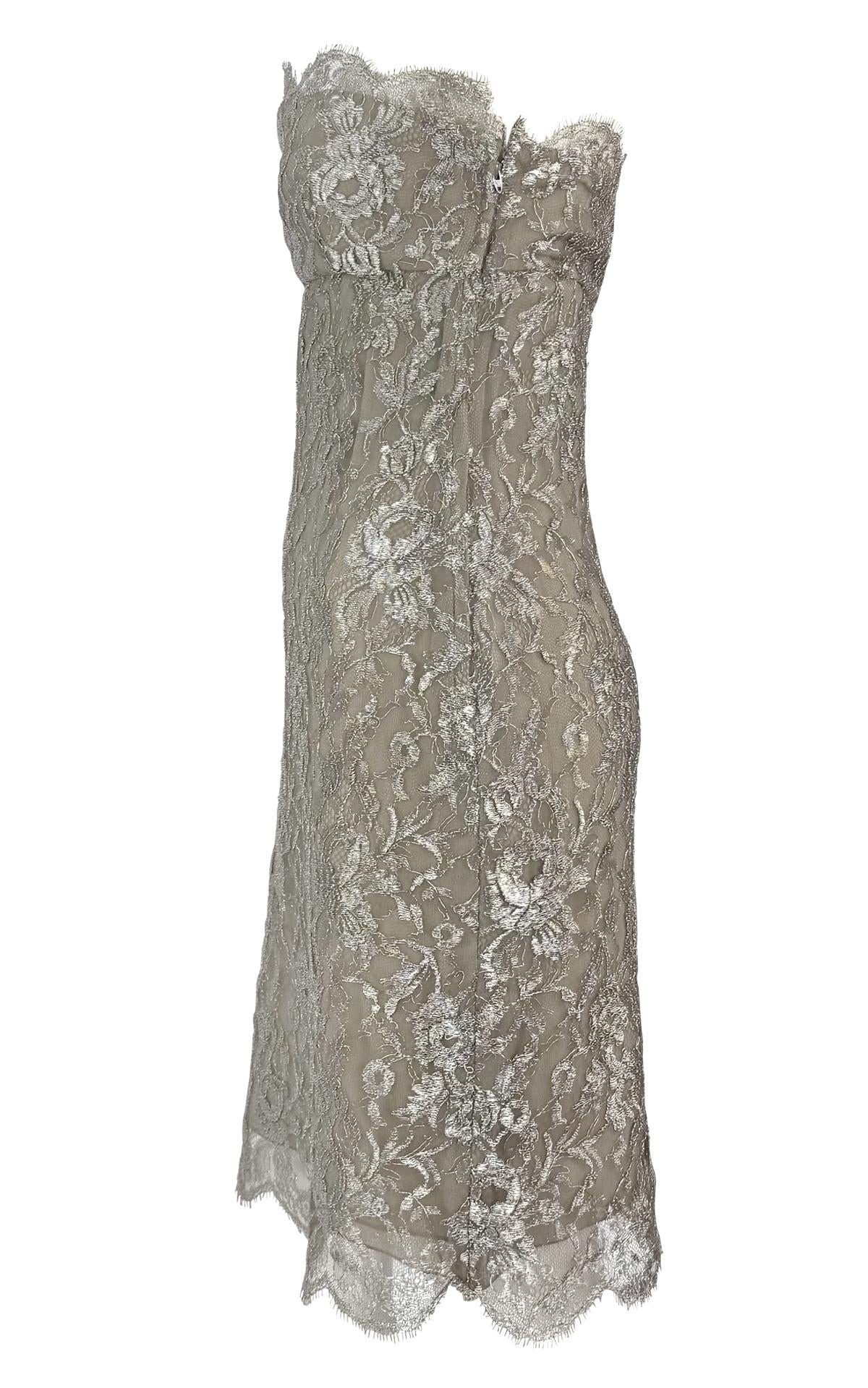 S/S 1988 Calvin Klein Runway Silver Metallic Floral Lace Cocktail Dress - RealList