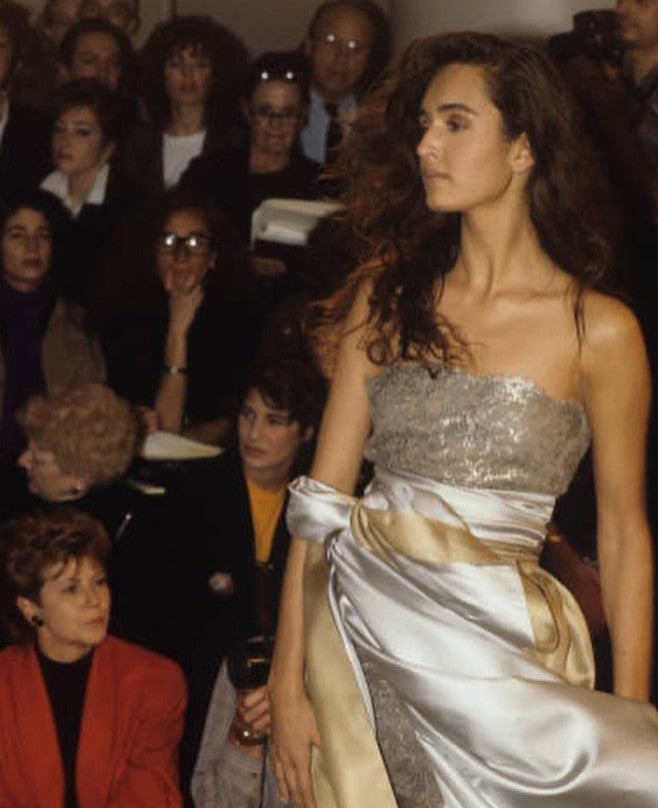 S/S 1988 Calvin Klein Runway Silver Metallic Floral Lace Cocktail Dress - RealList