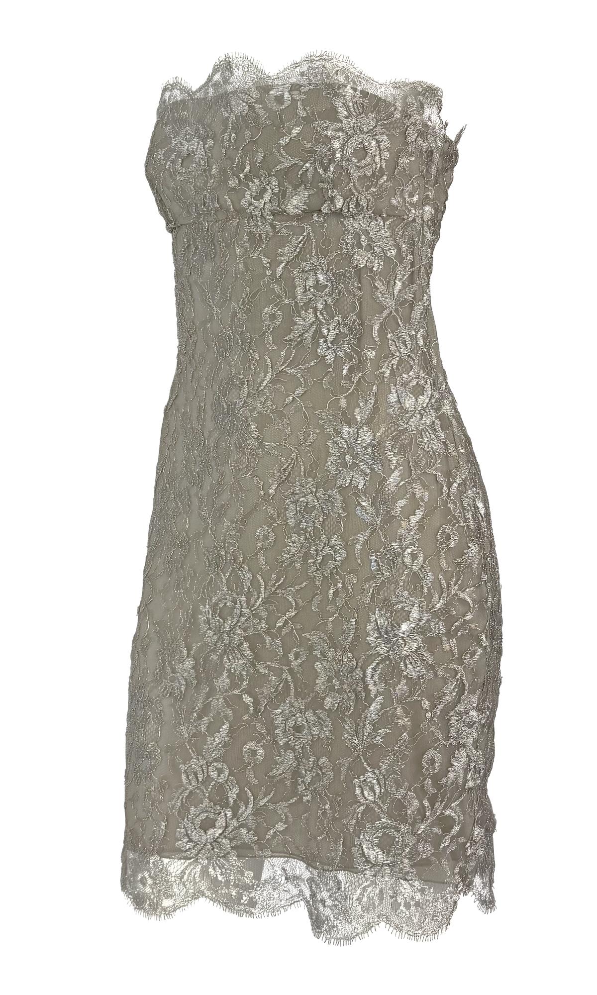 S/S 1988 Calvin Klein Runway Silver Metallic Floral Lace Cocktail Dress - RealList