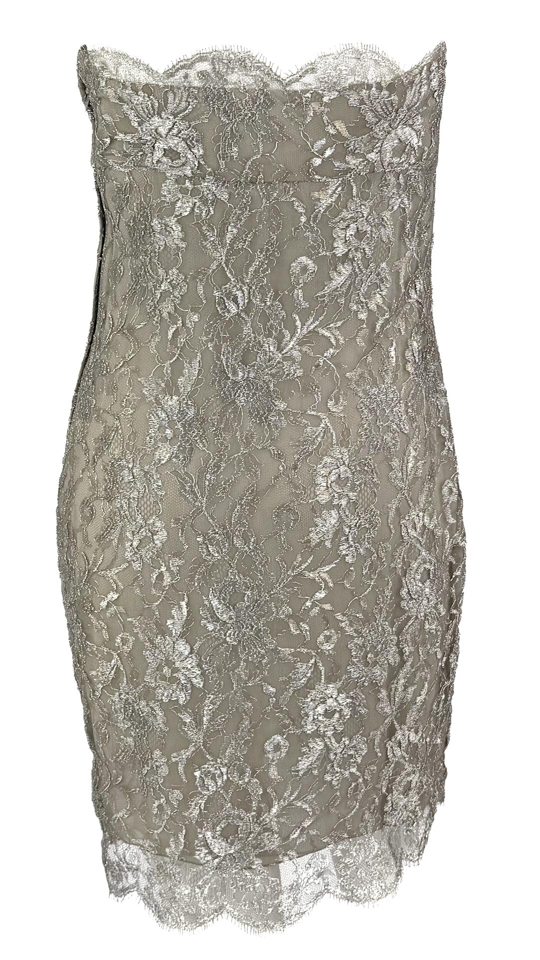 S/S 1988 Calvin Klein Runway Silver Metallic Floral Lace Cocktail Dress - RealList