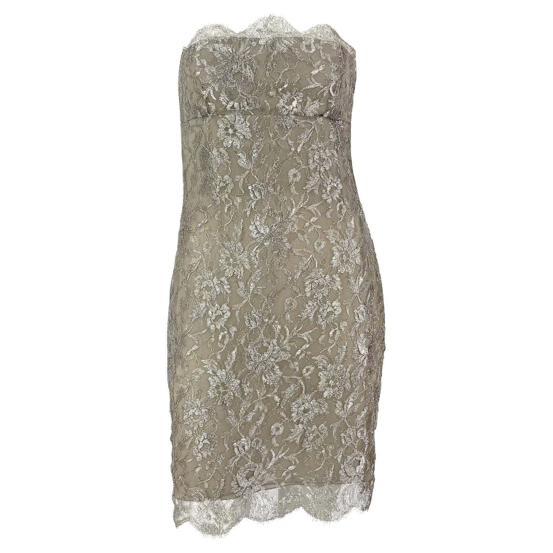 S/S 1988 Calvin Klein Runway Silver Metallic Floral Lace Cocktail Dress - RealList