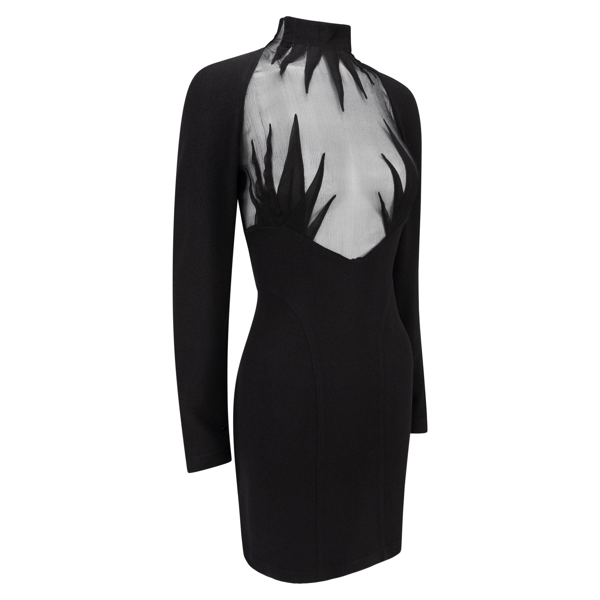 S/S 1988 Thierry Mugler Documented Sheer Black Bust Long Sleeve Mini Dress - RealList
