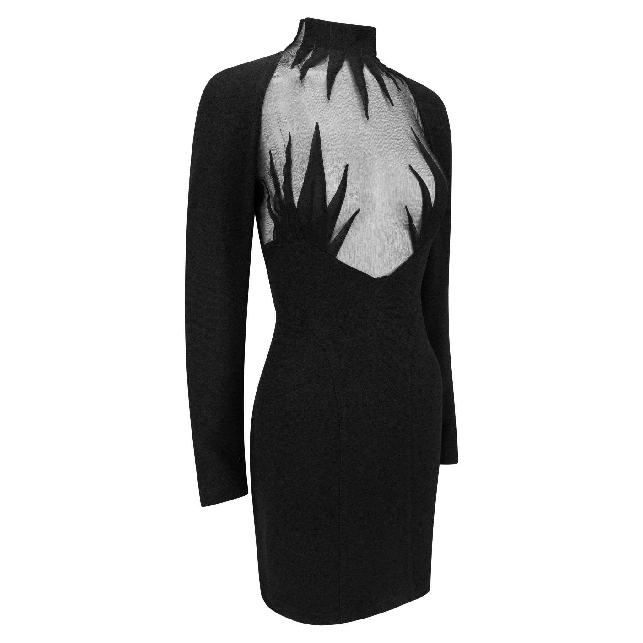 S/S 1988 Thierry Mugler Documented Sheer Black Bust Long Sleeve Mini Dress - RealList