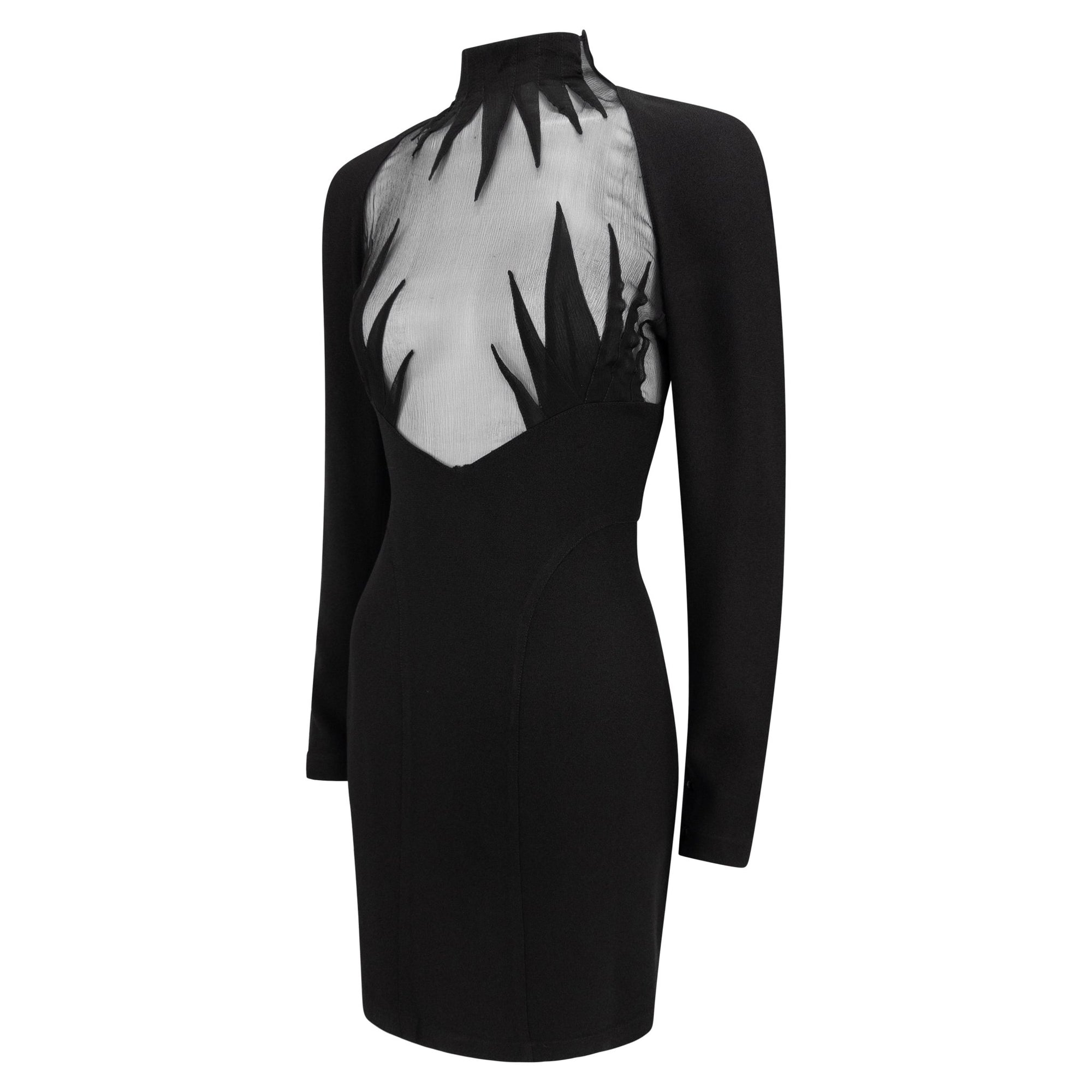 S/S 1988 Thierry Mugler Documented Sheer Black Bust Long Sleeve Mini Dress - RealList