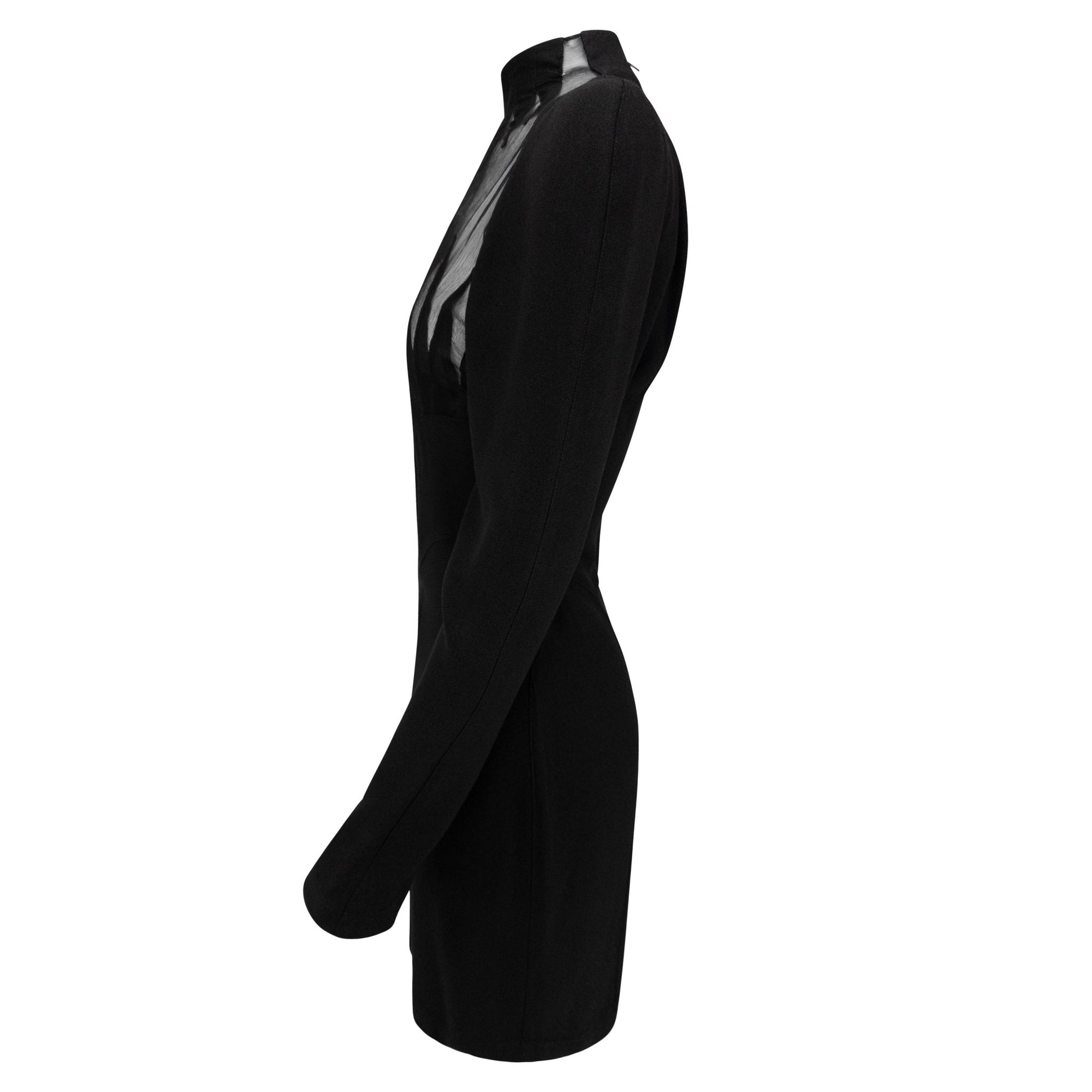 S/S 1988 Thierry Mugler Documented Sheer Black Bust Long Sleeve Mini Dress - RealList