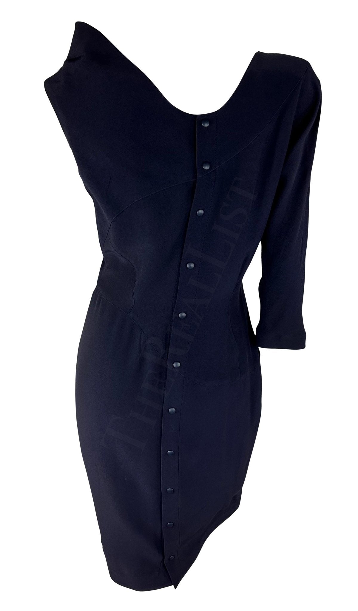 S/S 1988 Thierry Mugler Runway Ad Asymmetric Sculptural Navy Snap Dress - RealList