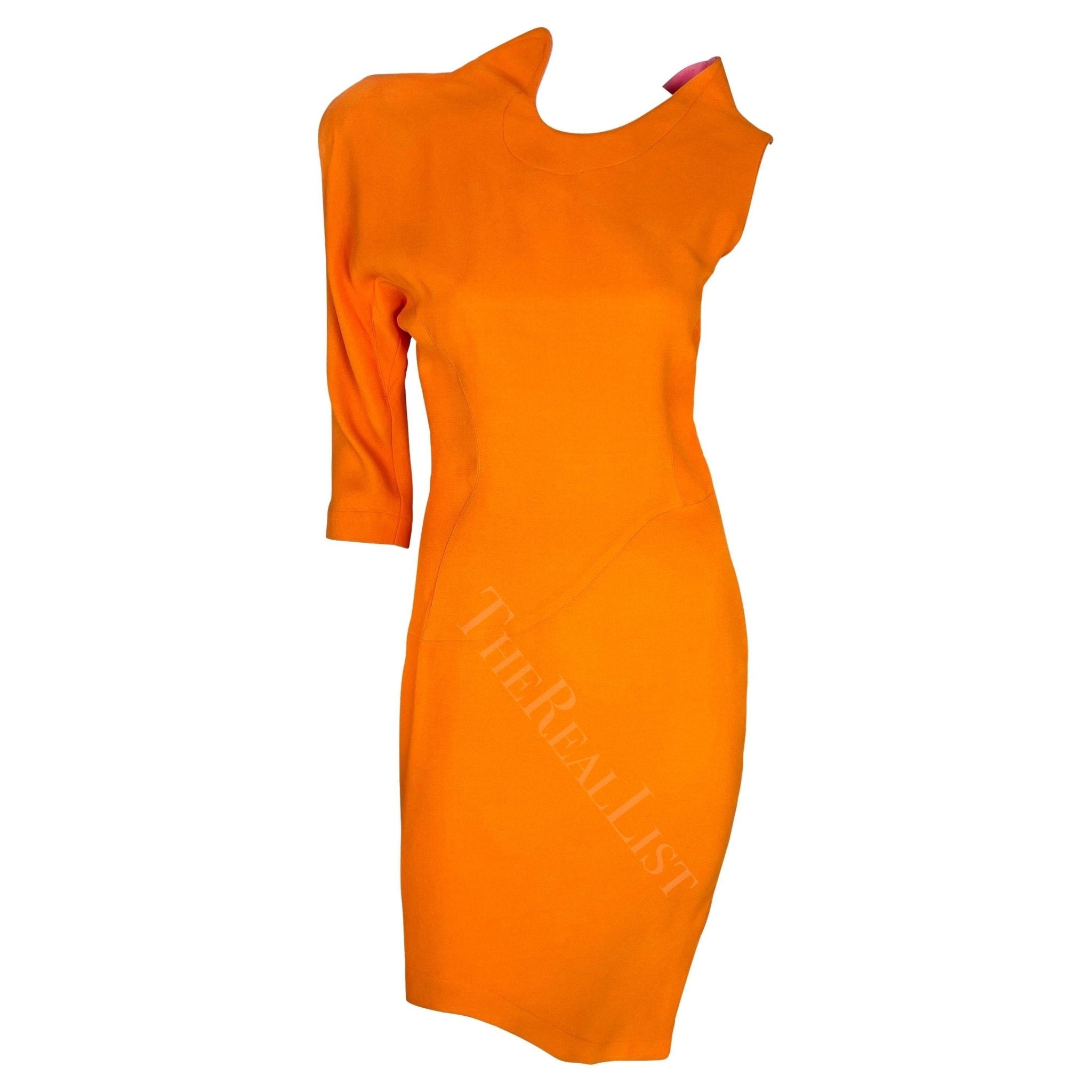 S/S 1988 Thierry Mugler Runway Ad Orange One Sleeve Sculptural Sahara Dress - RealList