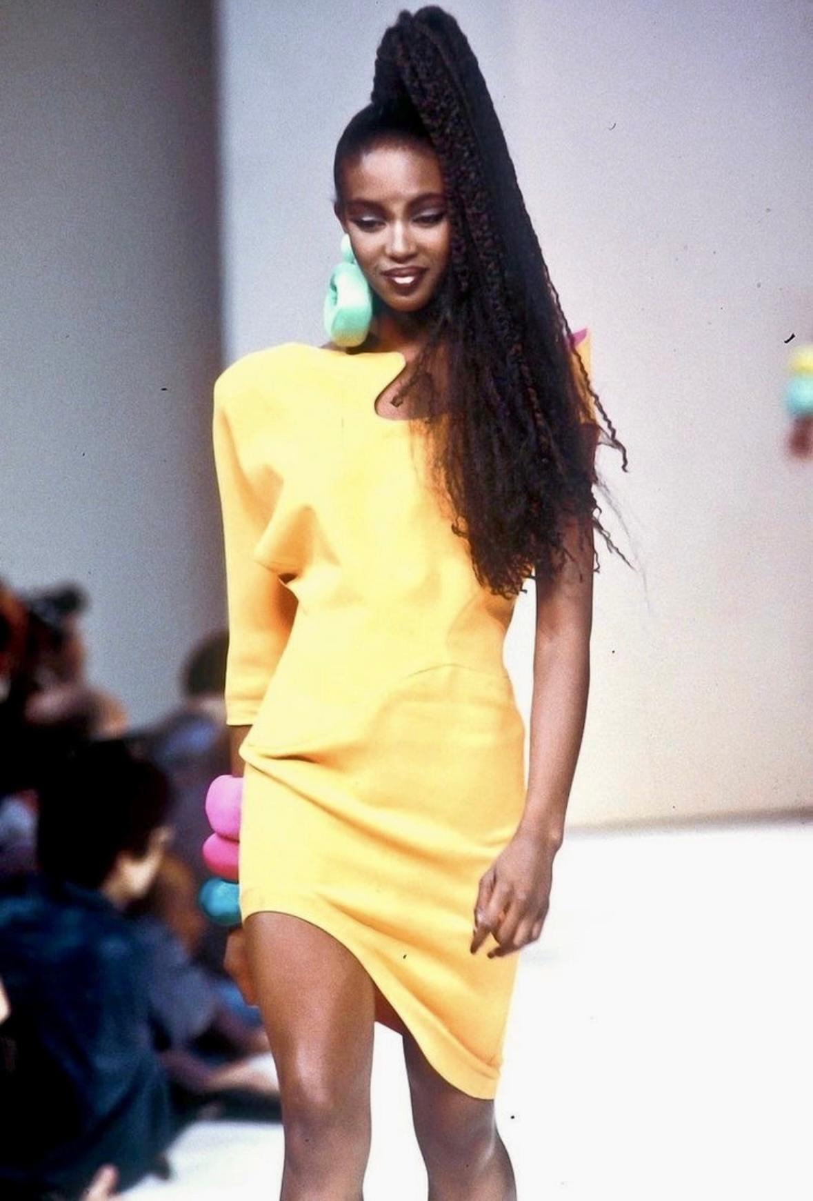 S/S 1988 Thierry Mugler Runway Ad Orange One Sleeve Sculptural Sahara Dress - RealList